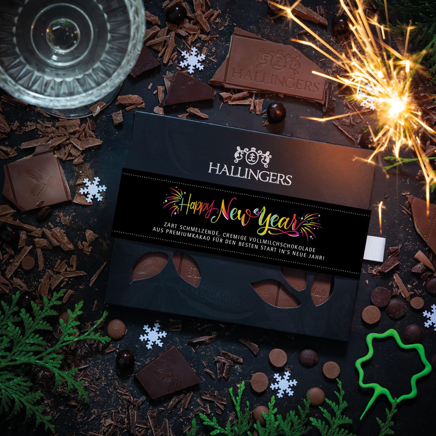 Hallingers Genuss Manufaktur Schokolade Weihnachts-Geschenk - Tafel Edelkakao handgeschöpft ohne Alkohol edler Karton 10x "Happy New Year ..." Pur, Weihnachten für Frauen Männer