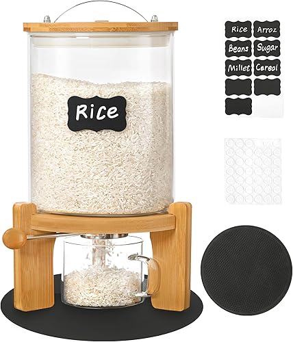 Miniatura 8 de Dispensador de arroz de vidrio de 8 a 10 libras con soporte de madera, contenedor de harina y cereales con taza medidora de vidrio, contenedor de