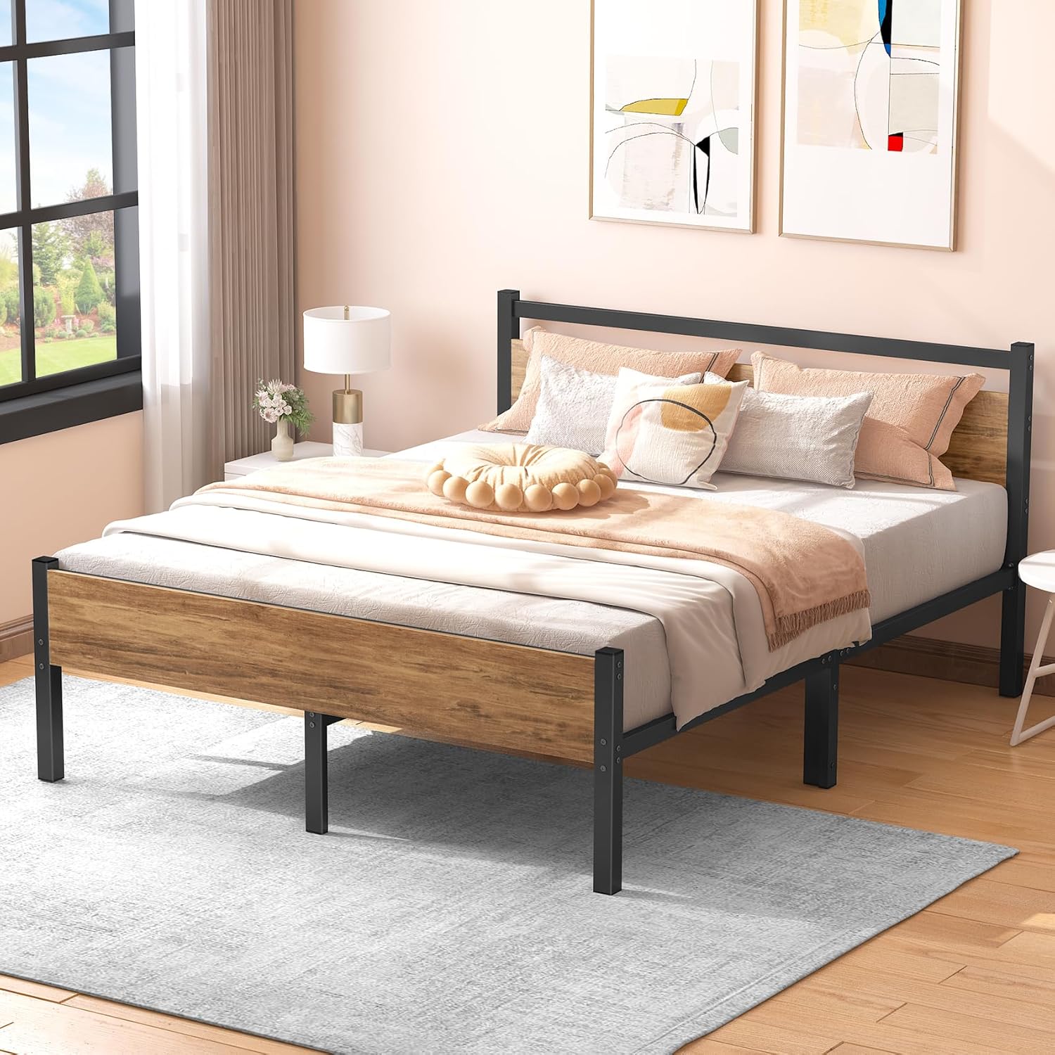 Musen Queen Bed Frame Wood with Headboard 12.4 Inch Metal Platform Bed