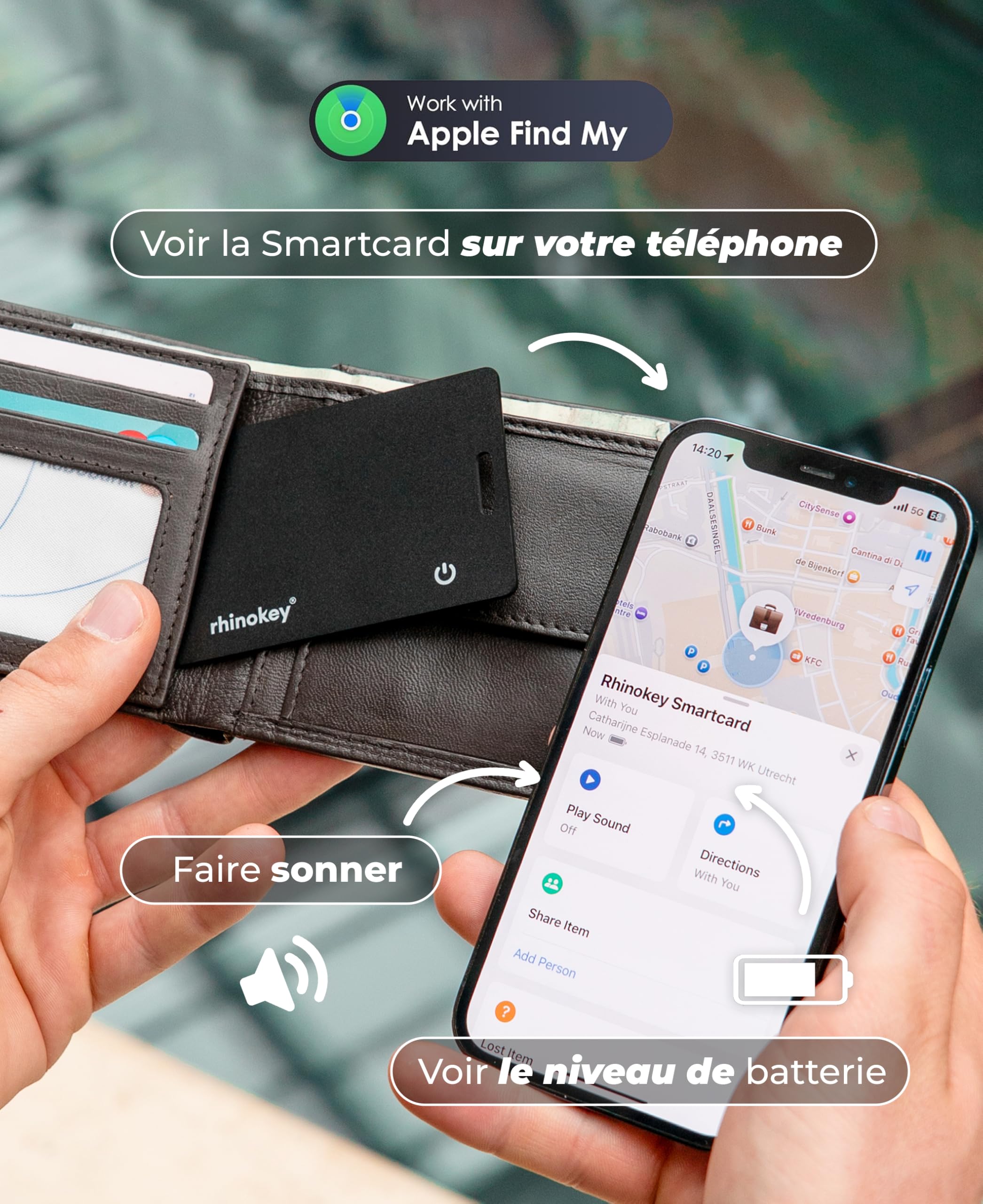 Rhinokey® Carte Traqueur Portefeuille Certifiée Apple MFi (iOS uniquement) – Ultra-Fine 1,8 mm, Rechargeable sans Fil, Étanche IP68, Compatible Apple Find My pour Portefeuille, Bagages, Clés et Objets