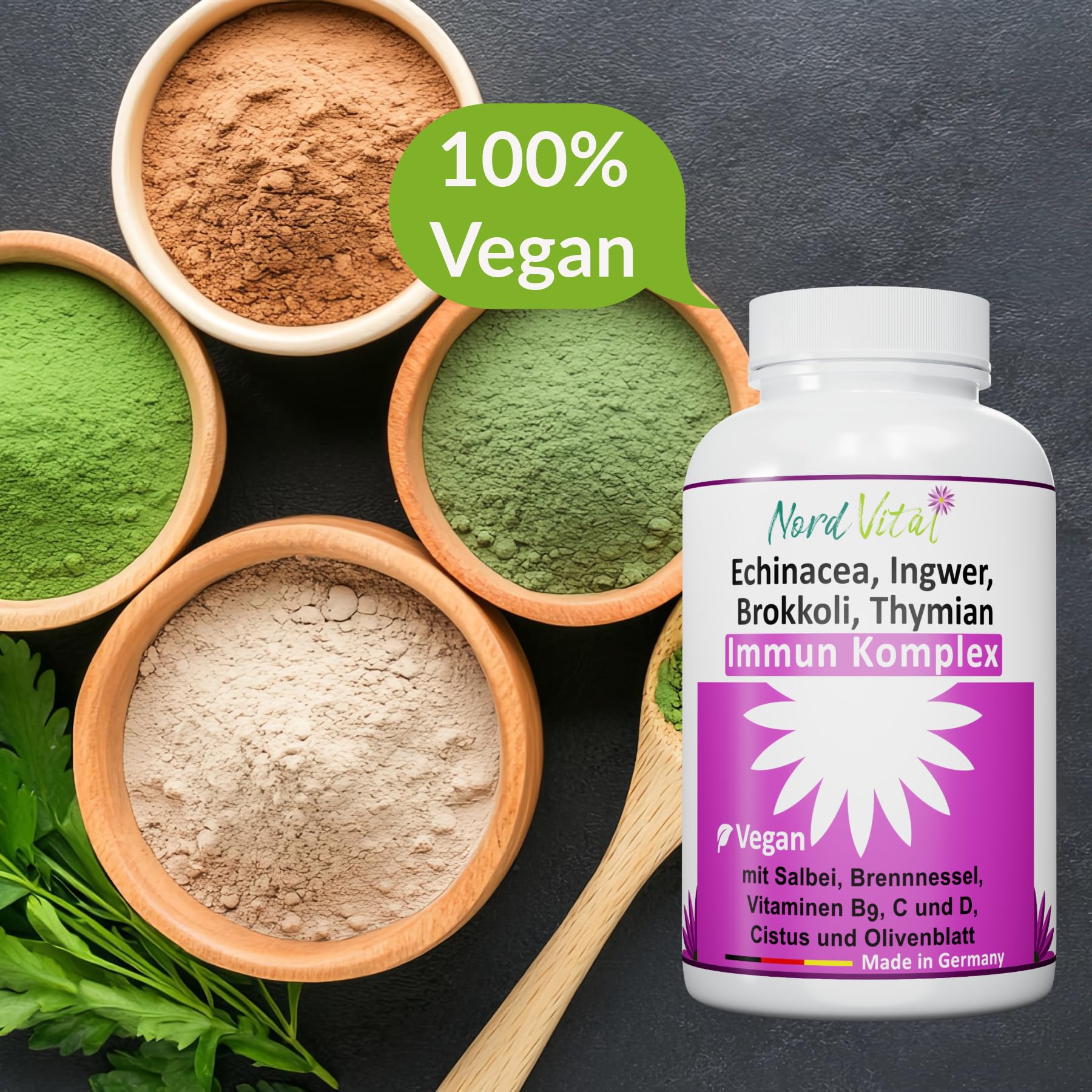 Immun-Komplex mit 15 aktiven Inhaltsstoffen - Echinacea, Brokkoli, Ingwer, Salbei, Brennnessel, Cistus, Olivenblatt, Vitaminen C, B9 und D, Zink und Selen - deutsche Produktion