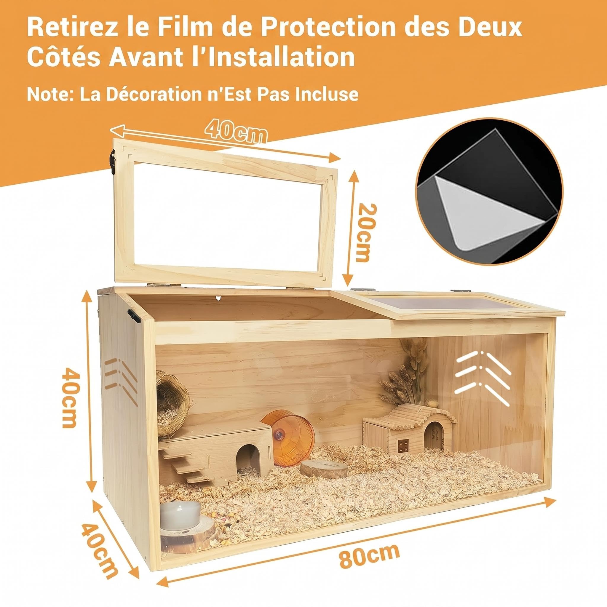 Garvee Cage en Bois 80x40x40cm spacieuse pour Petits Animaux, Toit Acrylique ouvrant, Porte Oblique, Excellente Ventilation, idéale pour Hamster syrien, Gerbille, Souris, Cochon d’Inde, Chinchilla