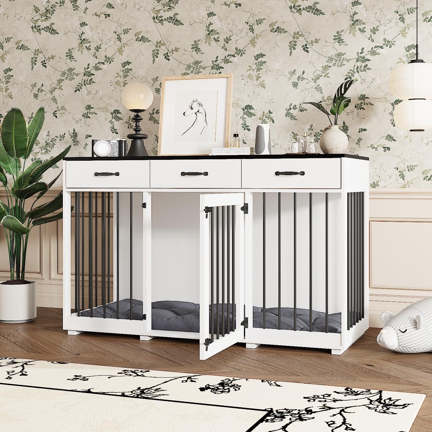Cage pour chien Palace - Élégante caisse XXL avec tiroirs - 137 x 57 x 85 cm - Meuble et niche pour chien en un - Noir/blanc pour des nez en fourrure soucieux du style