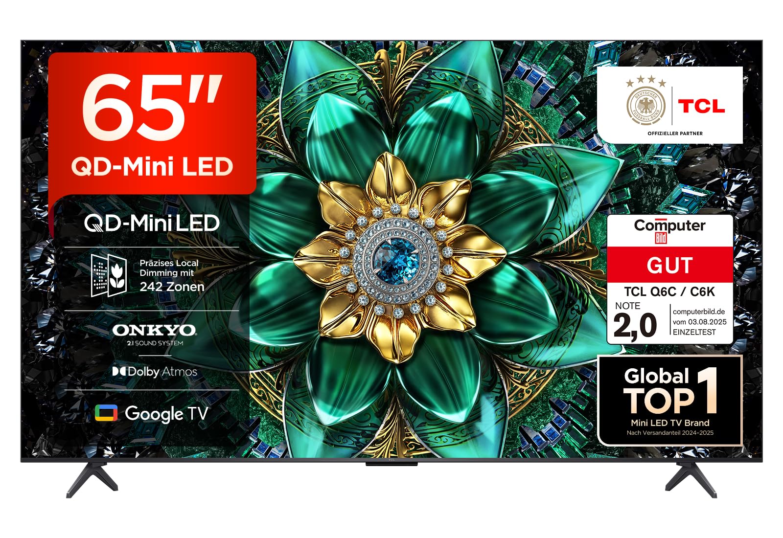 TCL 65Q6C 65 Inch QD Mini LED TV, 4K HDR Premium 1000nits, Smart TV with Google TV (Dolby Vision IQ & Atmos, Onkyo 2.1 Sound System, 144Hz Motion Clarity Pro, Game Master)