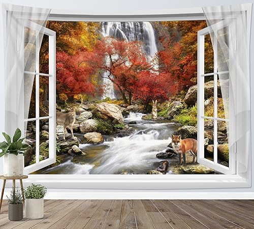 HVEST Tapiz de bosque de otoño para colgar en la pared, diseño de zorro, ciervo, en otoño, arce, bosque, cascada, tapiz de paisaje natural para