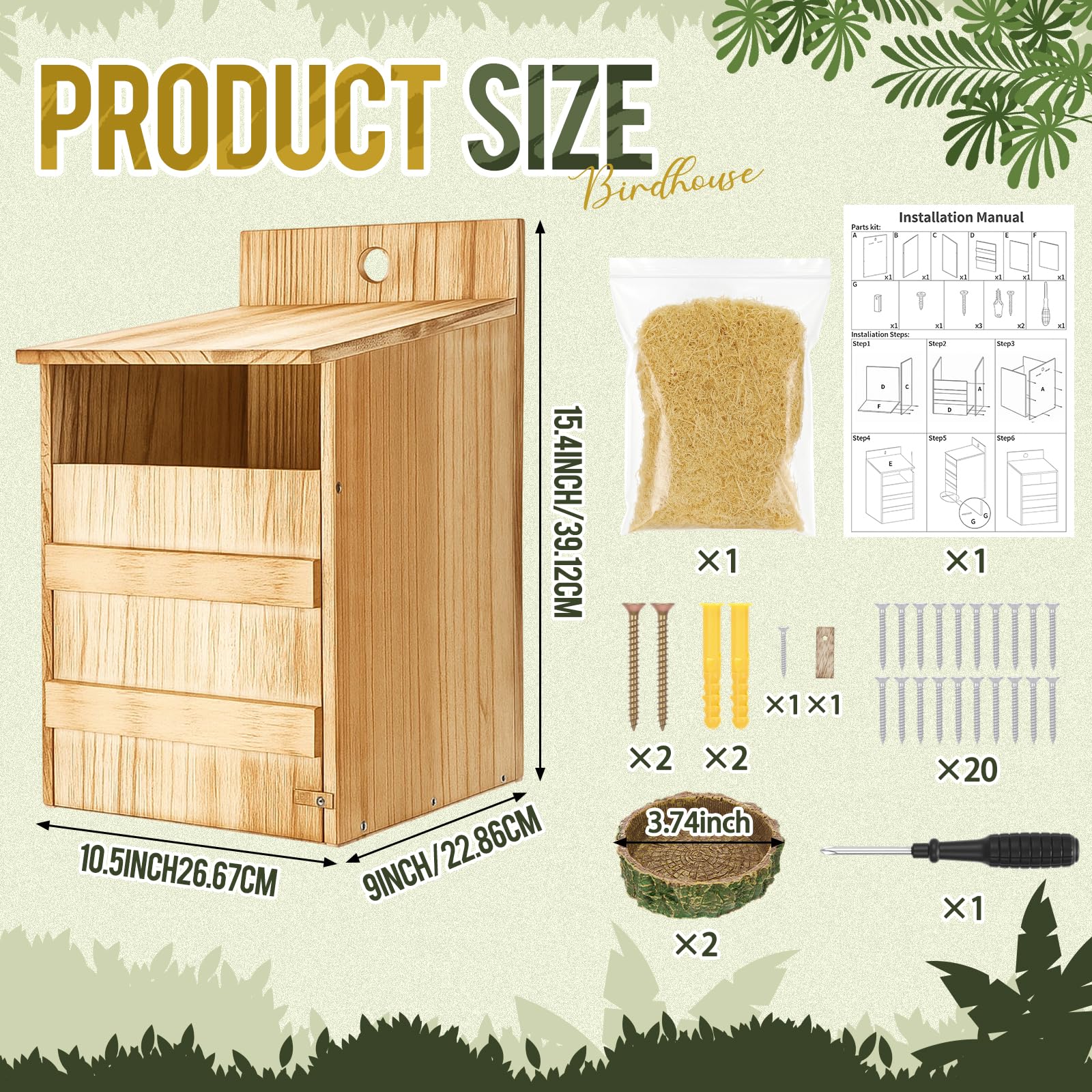 AceOrbit Paquete de 2 cajas anidables grandes para exteriores de 15.4 x 10.5 x 9 pulgadas, de madera carbonizada, fácil de montar, refugio de Pascua, regalo con cuenco de agua, herramienta de virutas