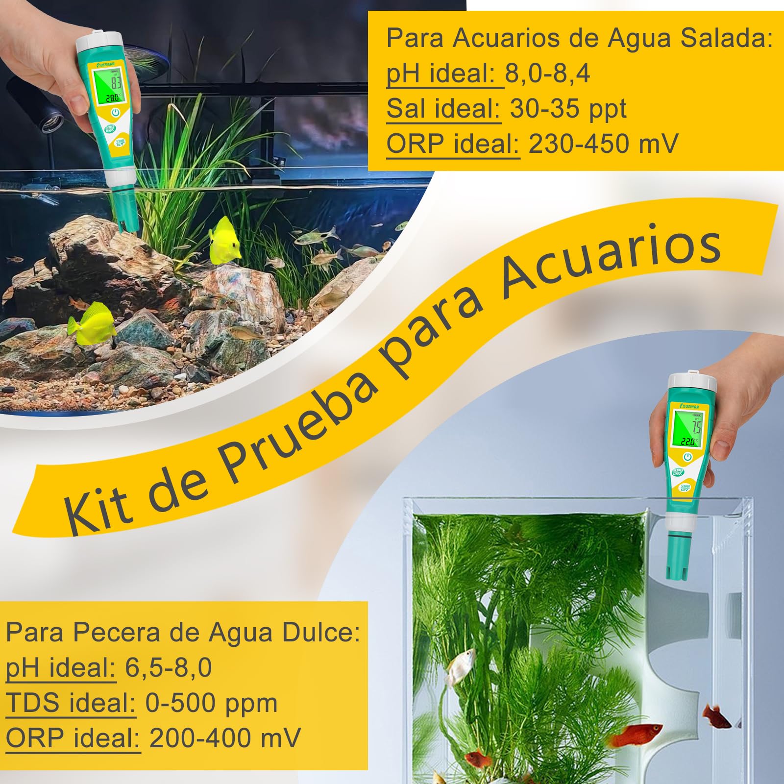 UIUZMAR Medidor de pH y ORP Redox Salinidad Piscina, 6 en 1 Tester pH Sal Redox EC TDS para Piscina de Agua Salada, Medidor pH EC TDS para Hidropónica, Acuario, Agua Potable