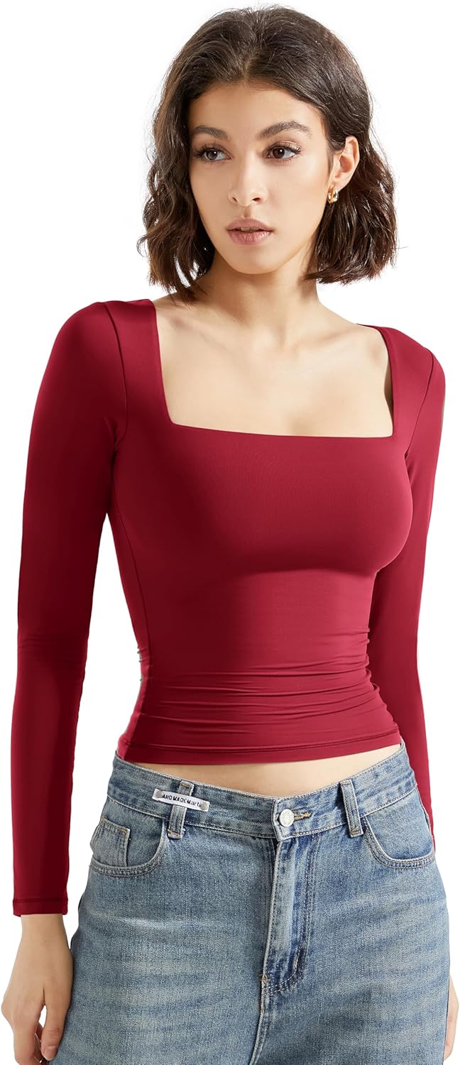 SUUKSESS Women Square Neck Long Sleeve Tops Double Lined Going Out T Shirts - Image 2