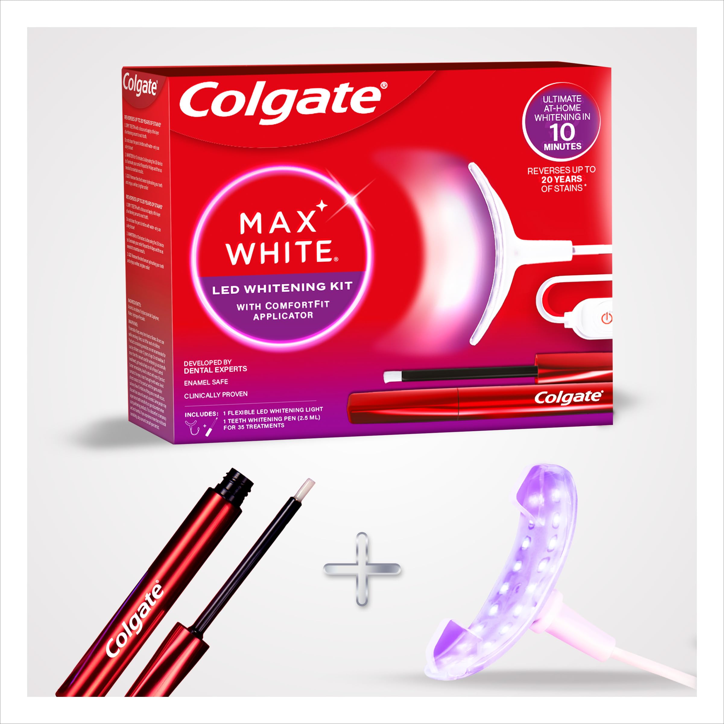 COLGATE Max White Ultimate Kit de Blanqueamiento Dental LED en Casa, Seguro para el Esmalte, Revierte hasta 20 Años de Manchas, Incluye Pincel Blanqueador