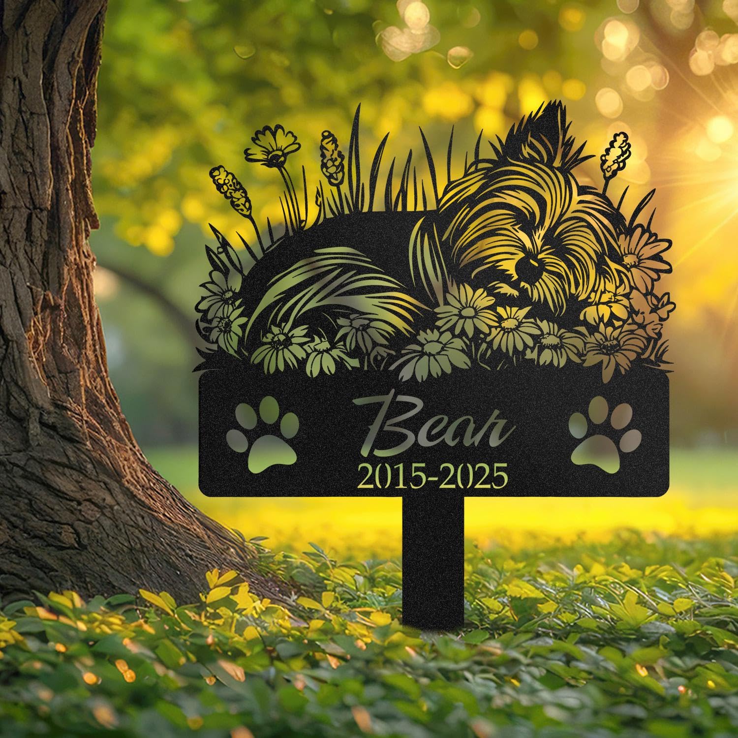 WEIYALIY Personalised Yorkshire Terrier Dog Memorial Plaques, Yorkie Sleeping on Wildflowers Grave Marker, Custom Pet Loss Gift, Metal Garden Decor, Dog Memorial Gifts, Pet Tombstone