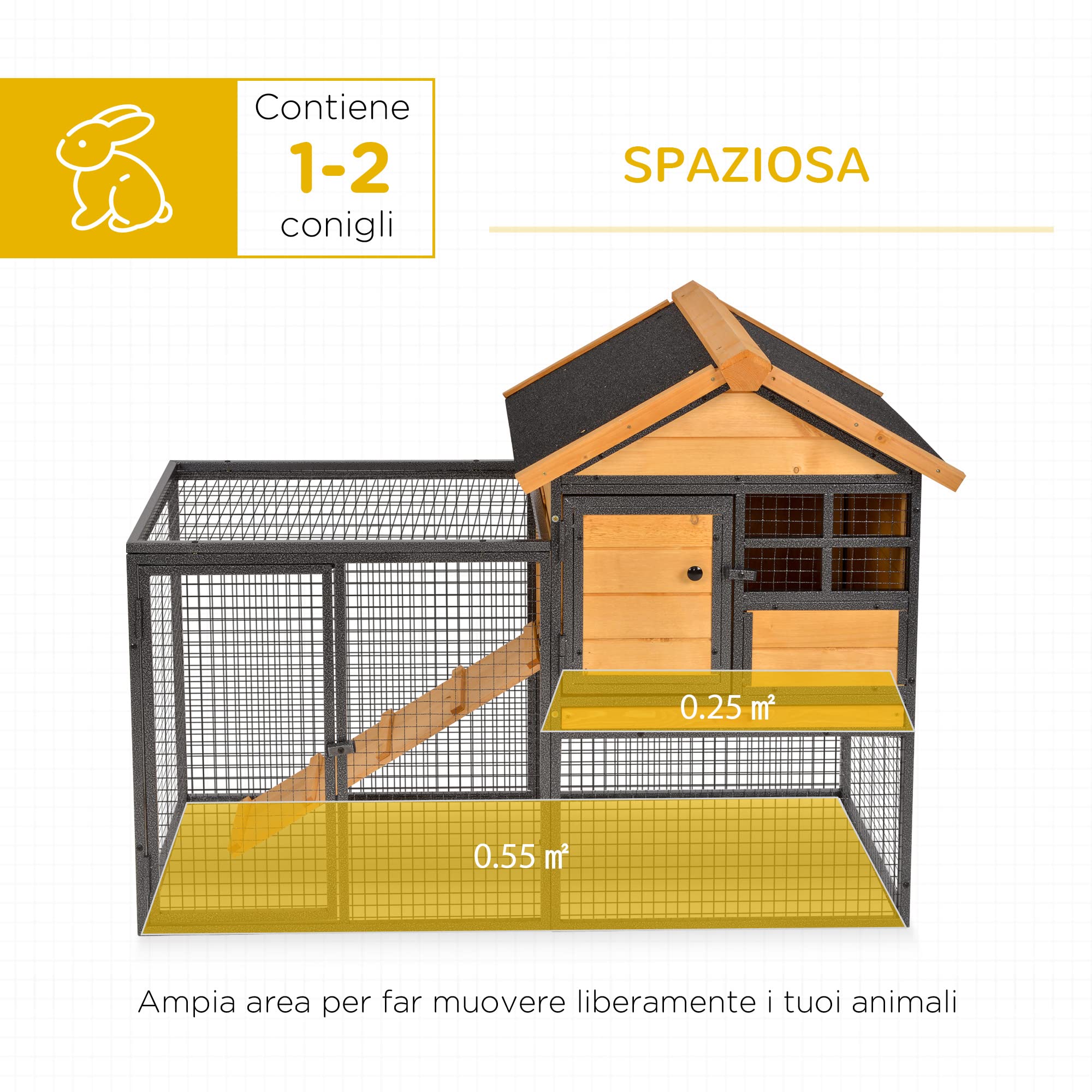 PawHut Gabbia per Conigli con Casetta e Rampa 122x63x92cm Giallo Chiaro | Area Aperta, Conigliera in Legno e Metallo