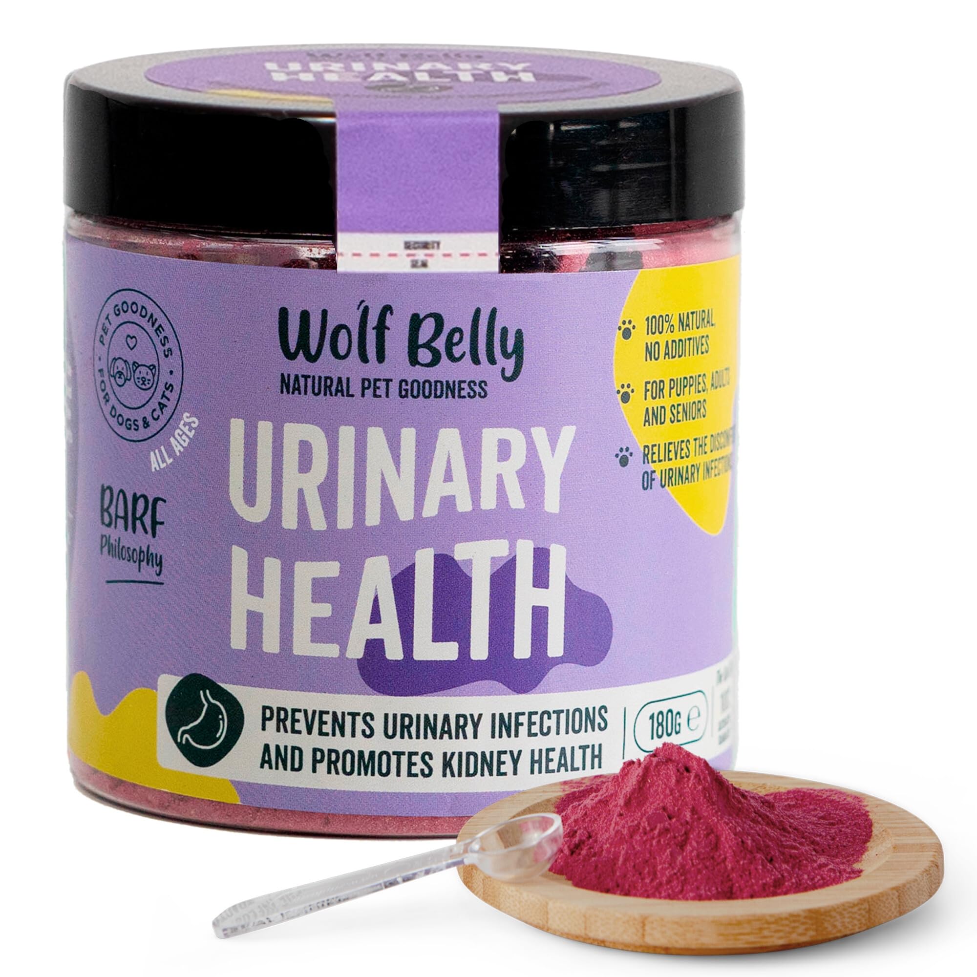 Wolf Belly - Bei Blasenentzündung für Hunde und Katzen 100% Natürlich (180 g) mit Cranberry und Vitamin C, Struvitsteine Auflösen und Unterstützt Nierengesundheit, Pulverform - Made in Europe