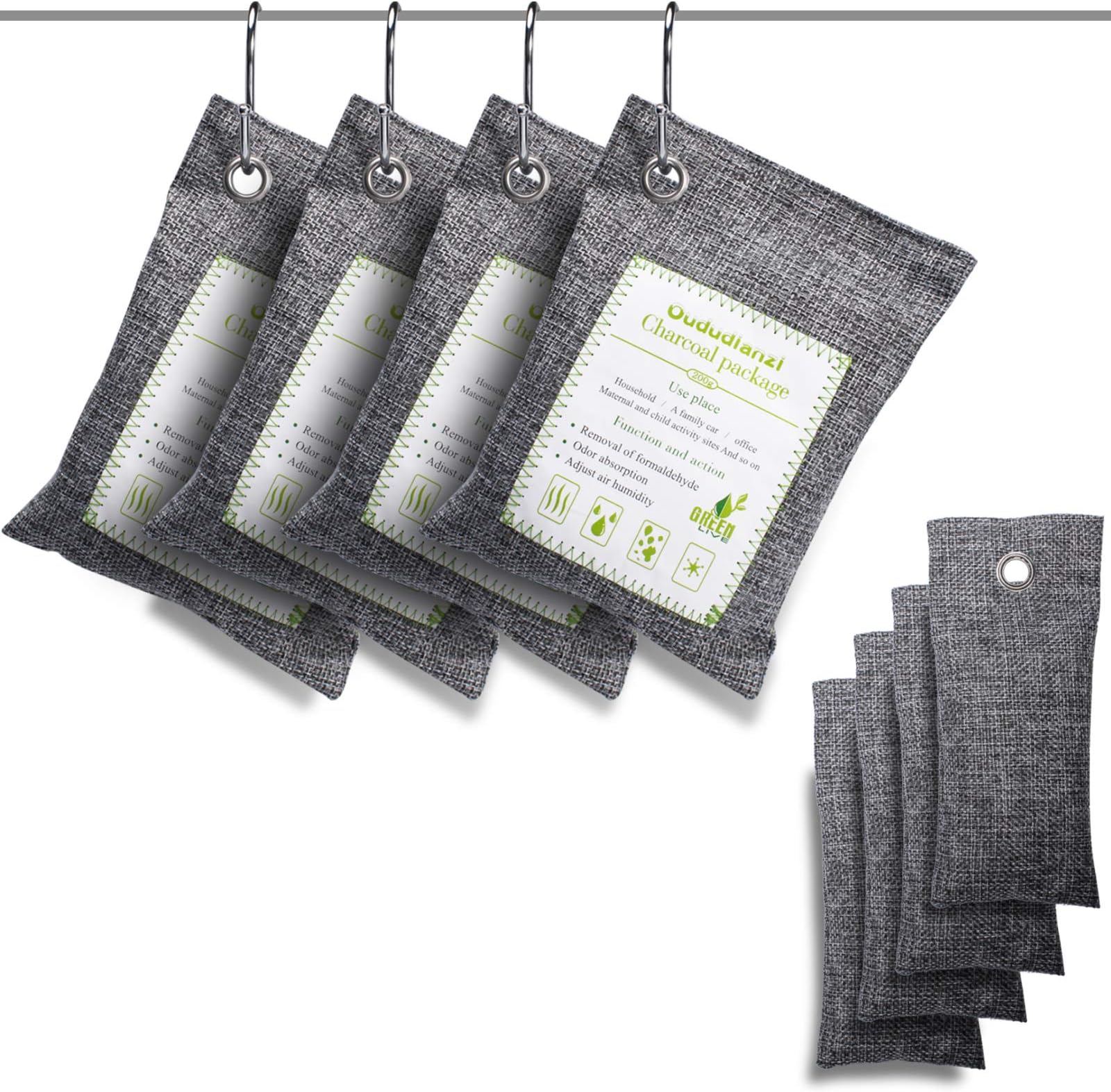 Nature Fresh Bamboo Charcoal Air Purifying Bags (8 Pack), Charcoal Bags Odor Absorber for Home and Car (Pet Friendly) - Charcoal Air Purifying Bags ( 4x200g+4x50g+4Hooks)
