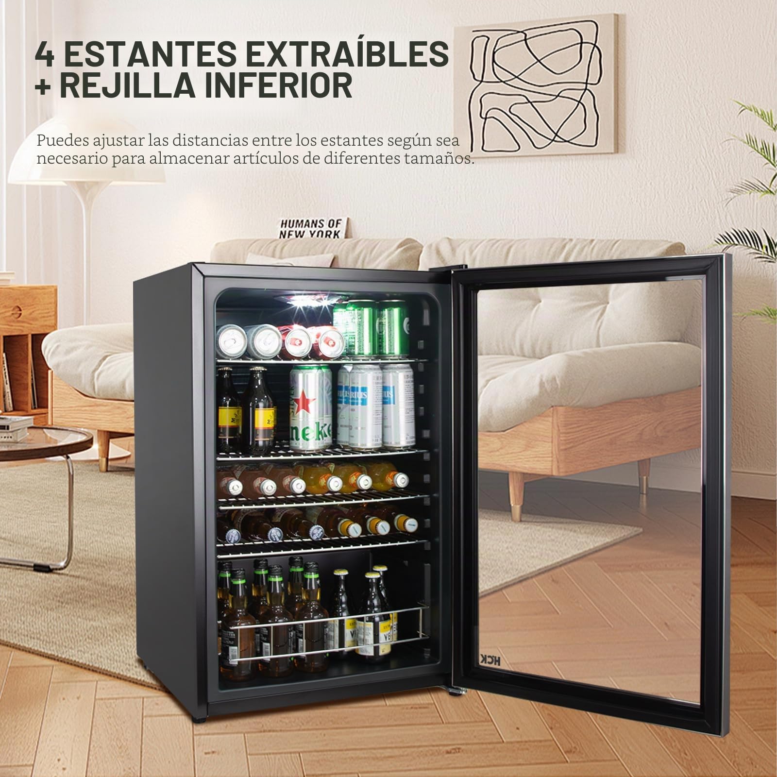 HCK Refrigerador de Bebidas Independiente de 115L con Puerta de Vidrio Doble, Temperatura Ajustable de 0-10℃, 4 Estantes Removibles para Cerveza y Bebidas