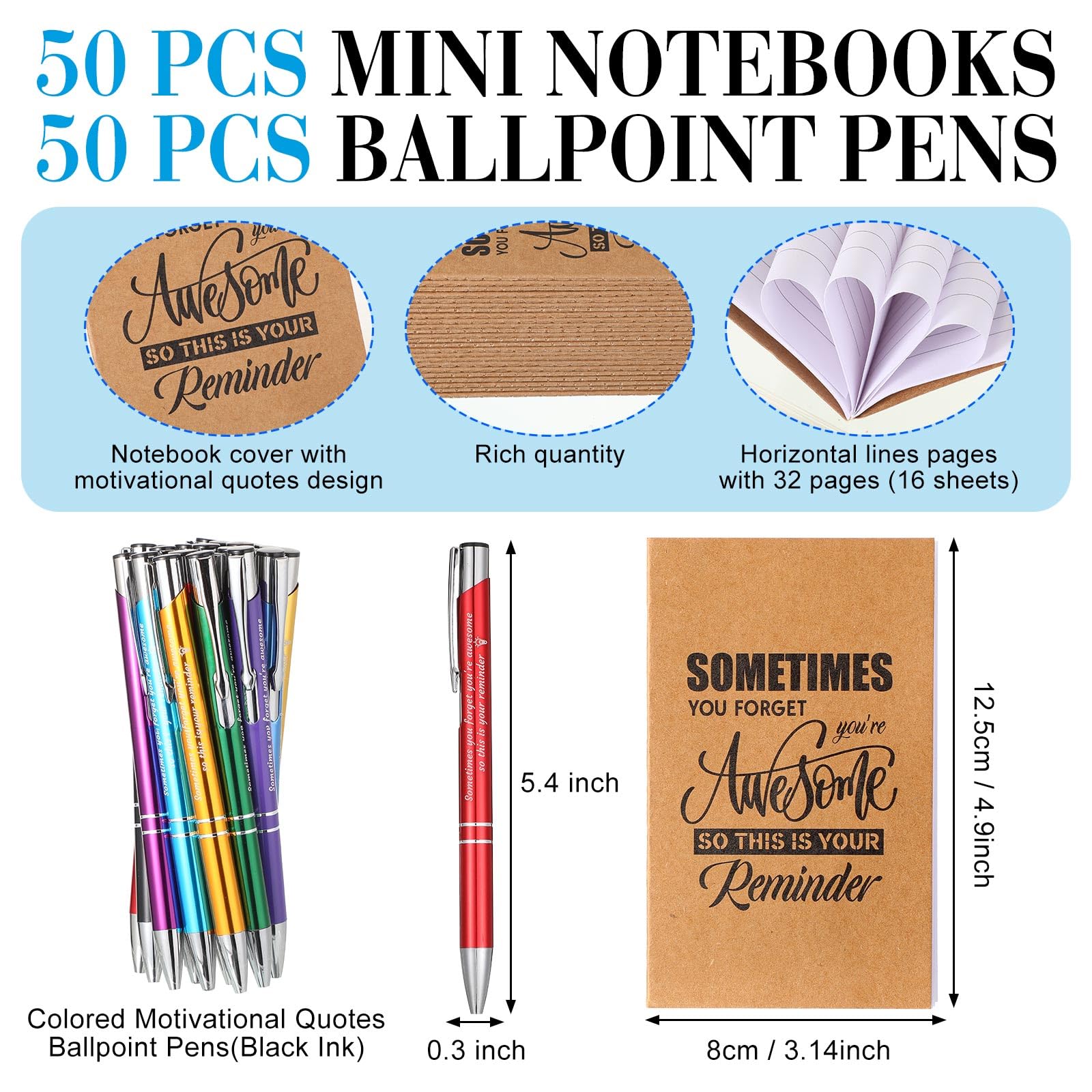 Sabary Juego de 100 blocs de notas inspiradores, bolígrafos motivacionales, mini cuadernos de bolsillo motivacionales, diarios, regalos a granel, bolígrafos de metal inspiradores para suministros