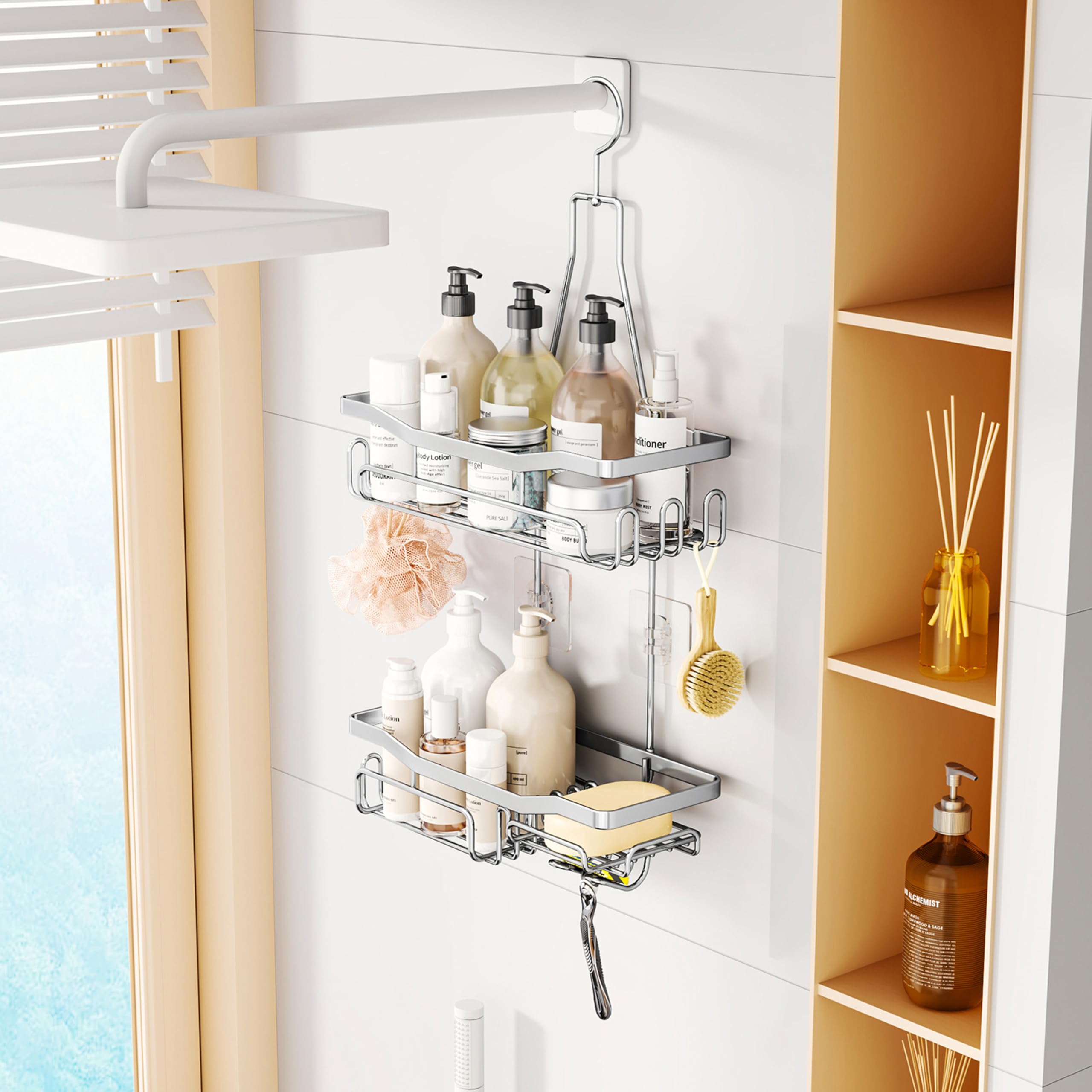 HapiRm Duschablage zum Hängen - Duschablage Hängen mit Rasierständer & Seifenhalter - Duschregal Zum Hängen mit Mehreren Haken - Hochwertiger Duschkorb Ohne Bohren Edelstahl for Badezimmer Organizer