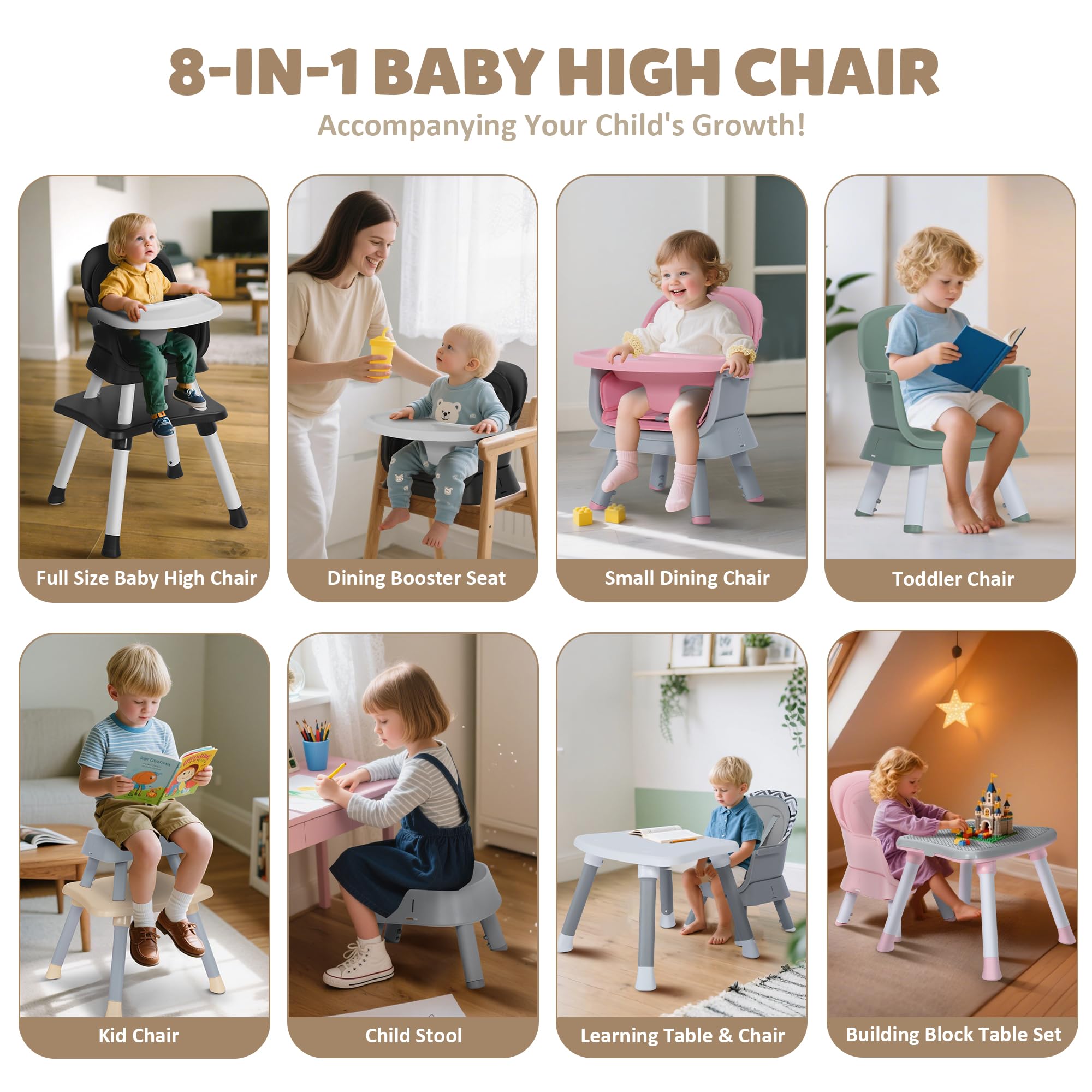 TODEFULL Baby High Chair, 8 in 1 Convertible Highchairs for Babies and Toddlers, Children Dining Booster Seat/Kids Building Block Table for Girls Boys, Baby Seat with Removable Tray, Pink