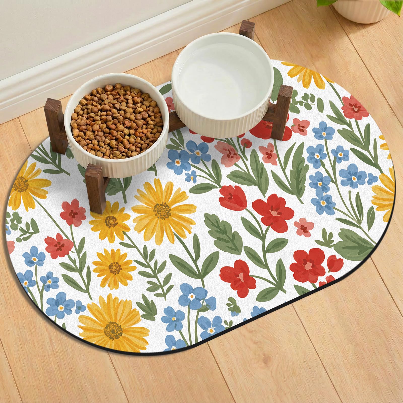 METEOROCK Non Slip Dog Bowl Mat, 61x40.5 cm Absorbent Dog Food Mats for Floors, Large Pet Feeding Mat Designed for Multiple Pets, Fit with Automatic Feeders or Double-Bowl, White Floral