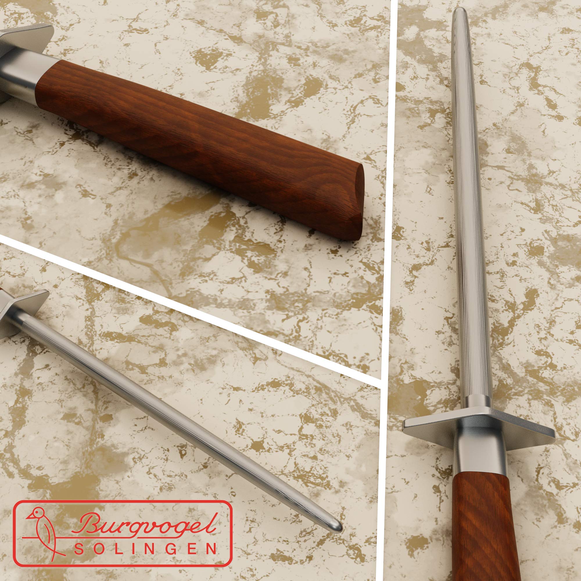 Burgvogel Solingen Natura Line, Wetzstahl rund, 26 cm, rostfrei, Messerschärfer, Made in Germany Braun Rot