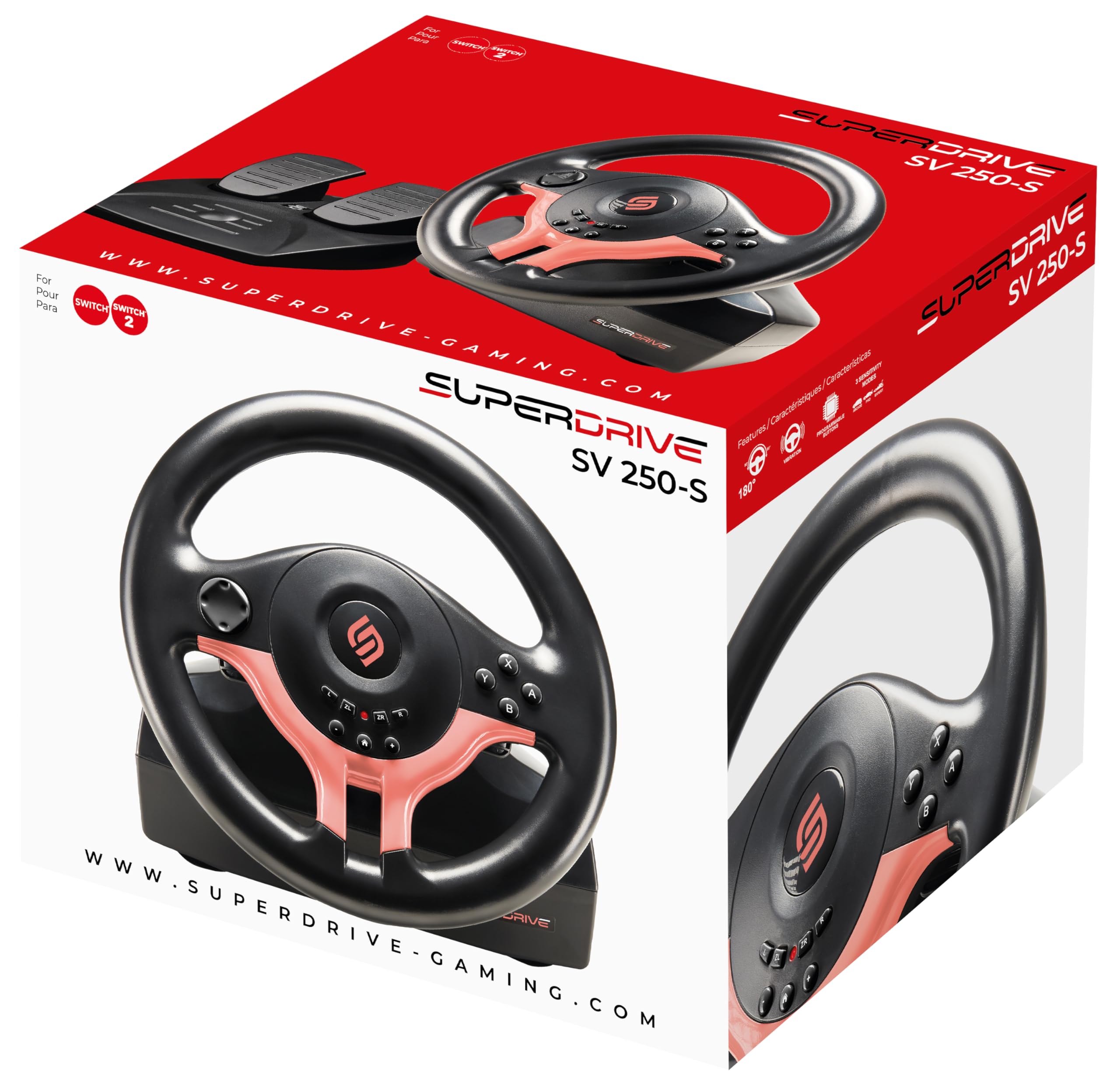 SUBSONIC - Volante Superdrive SV250-S. Volante da corsa Switch 2 / Switch. Rotazione a 180°, con pedali e palette sul volante - Red Edition