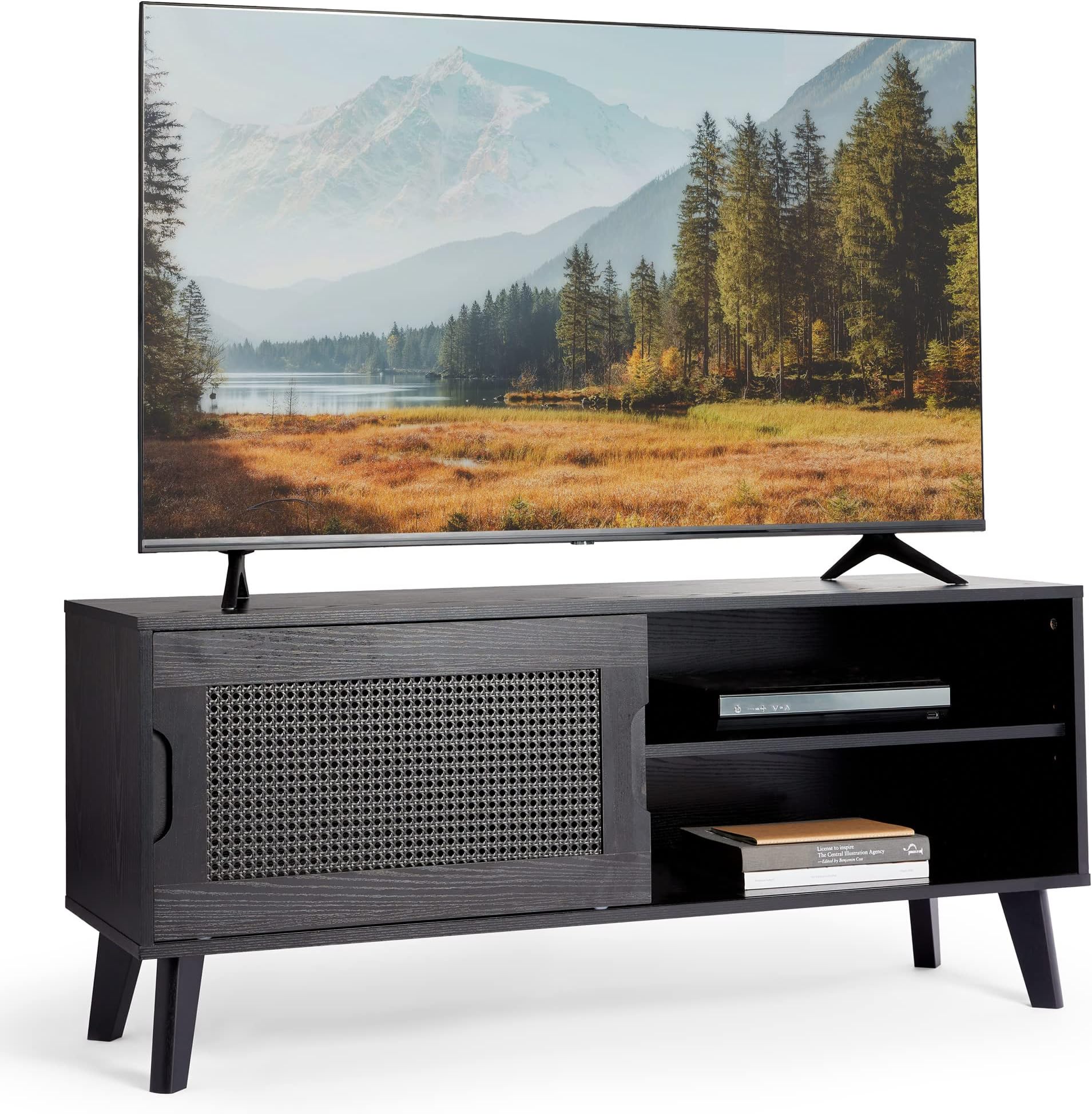 Spinningfield Black TV Unit Rattan TV Stand for TV's up to 55