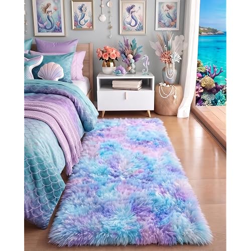 Adorable Rainbow Runner Rugs for Girls Bedroom Hallway, Purple Rug 2x6 Ft | Soft Vibrant Carpet for Kids Room,Plush Long Bedside Rugs,Non-Slip Mermaid Rugs for Nursery Kids Girls Room Home Decor Sturdy