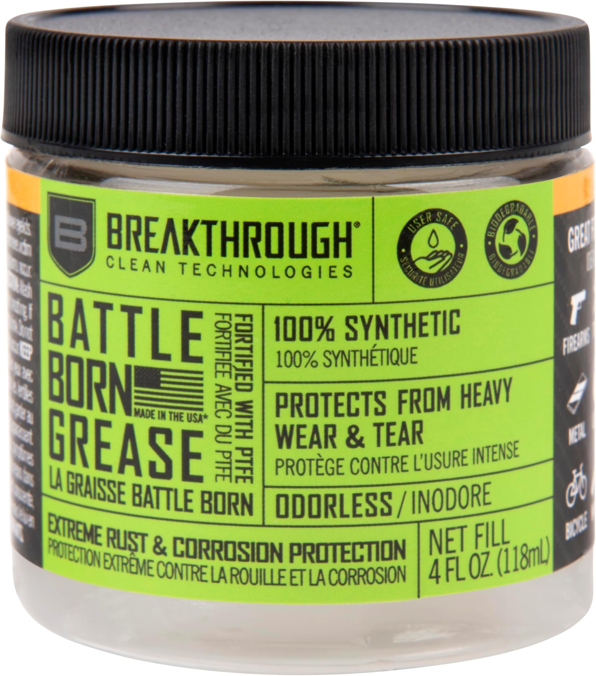 Breakthrough Clean Battle Born Gun Grease - Gun Lubricant Fortified with PTFE - Rust and Corrosion Protection for Firearms - Care and Maintenance for Rifles and Handguns - 4 Fl Oz Jar