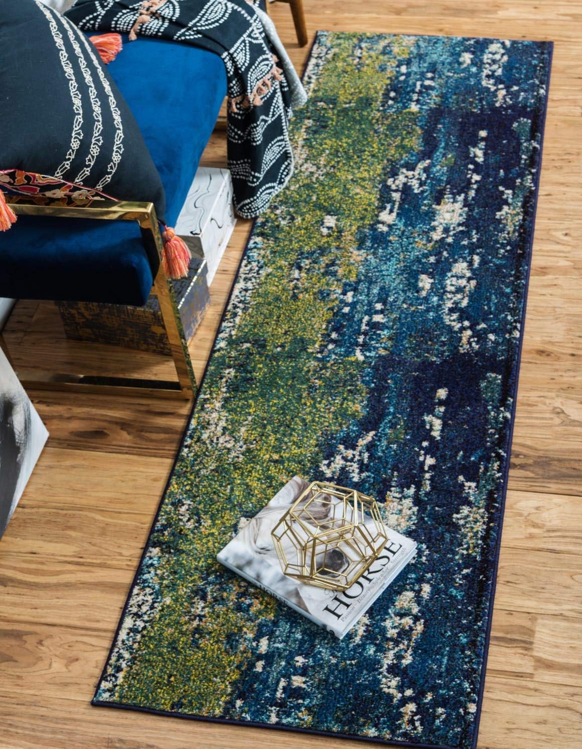 Unique Loom Estrella Collection Distressed, Landscape, Abstract, Modern, Earth Tones Area Rug (2' 2 x 6' 7 Runner, Navy Blue/Green)