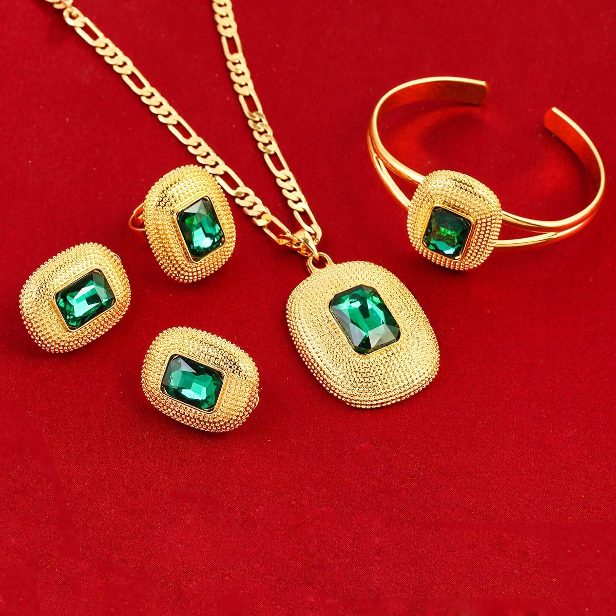 24K Gold Big Ethiopian Zircon-Gemstone Square Design Pendant Ring Earring Bangle Jewelry Bridal Sets