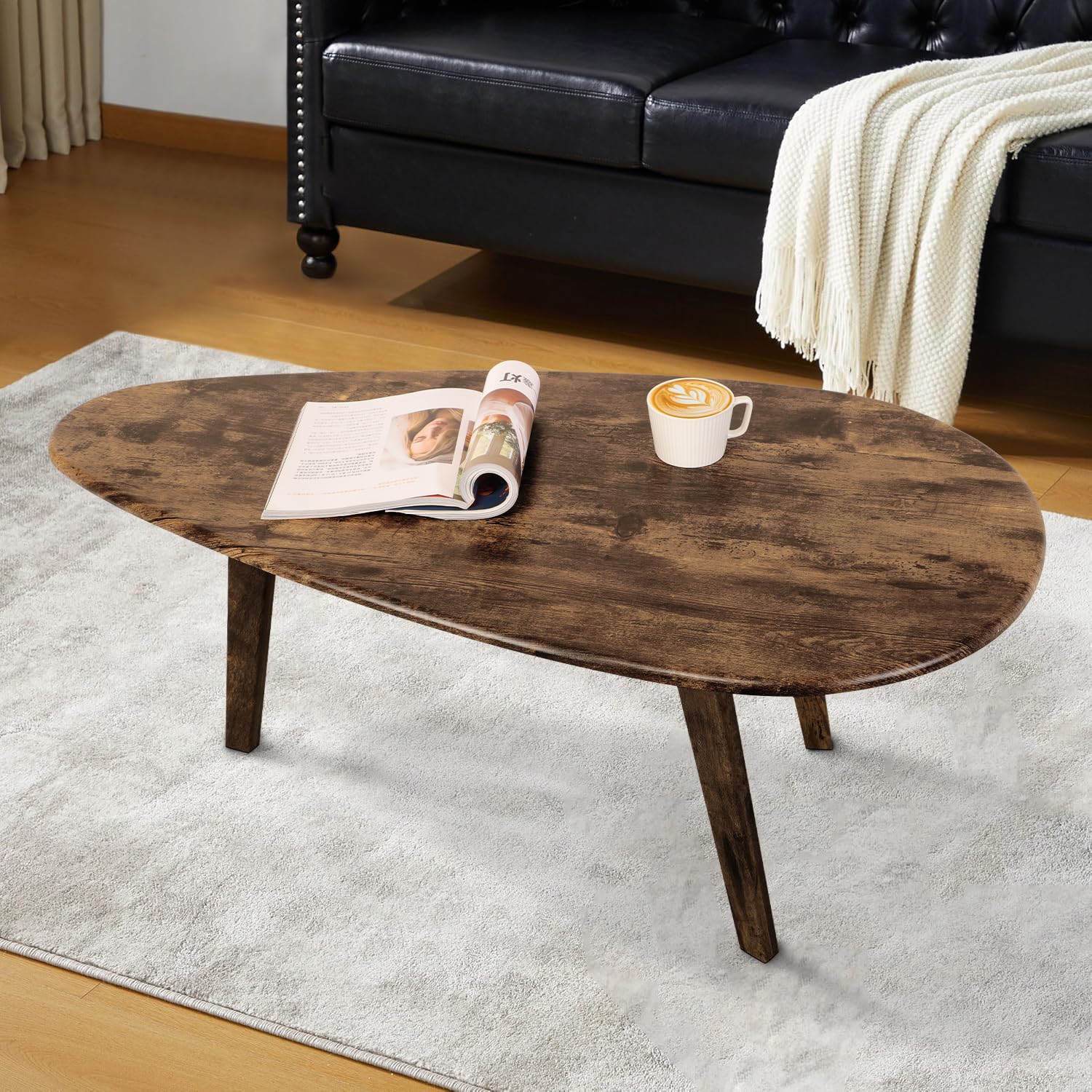 Rustic Oval Mid Century Modern Coffee Table for Living Room