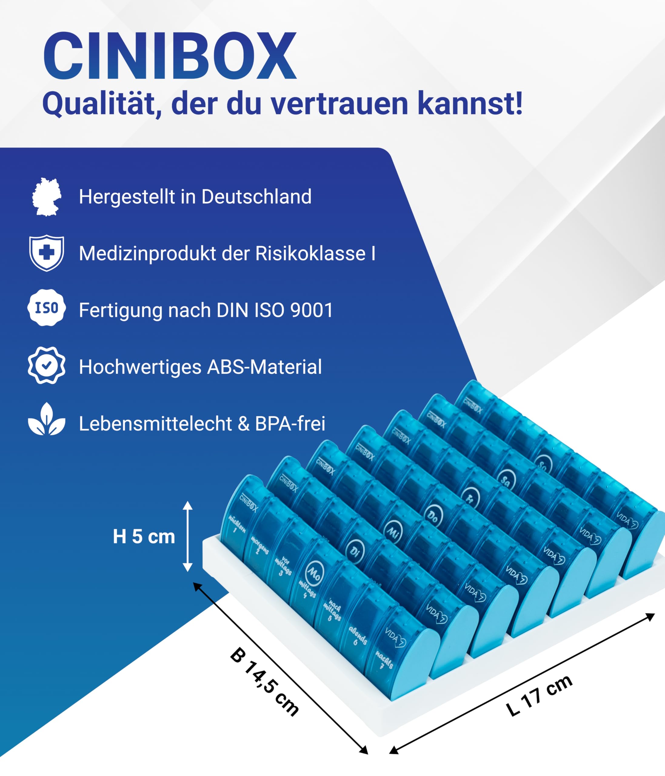 CINIBOX VIDA 7 – Tablettenbox 7 Tage – Helltürkis – Pillendose & Medikamentenbox mit jeweils 7 Fächern – leicht zu öffnen & sicher verschlossen – BPA-frei & lebensmittelecht – Made in DE