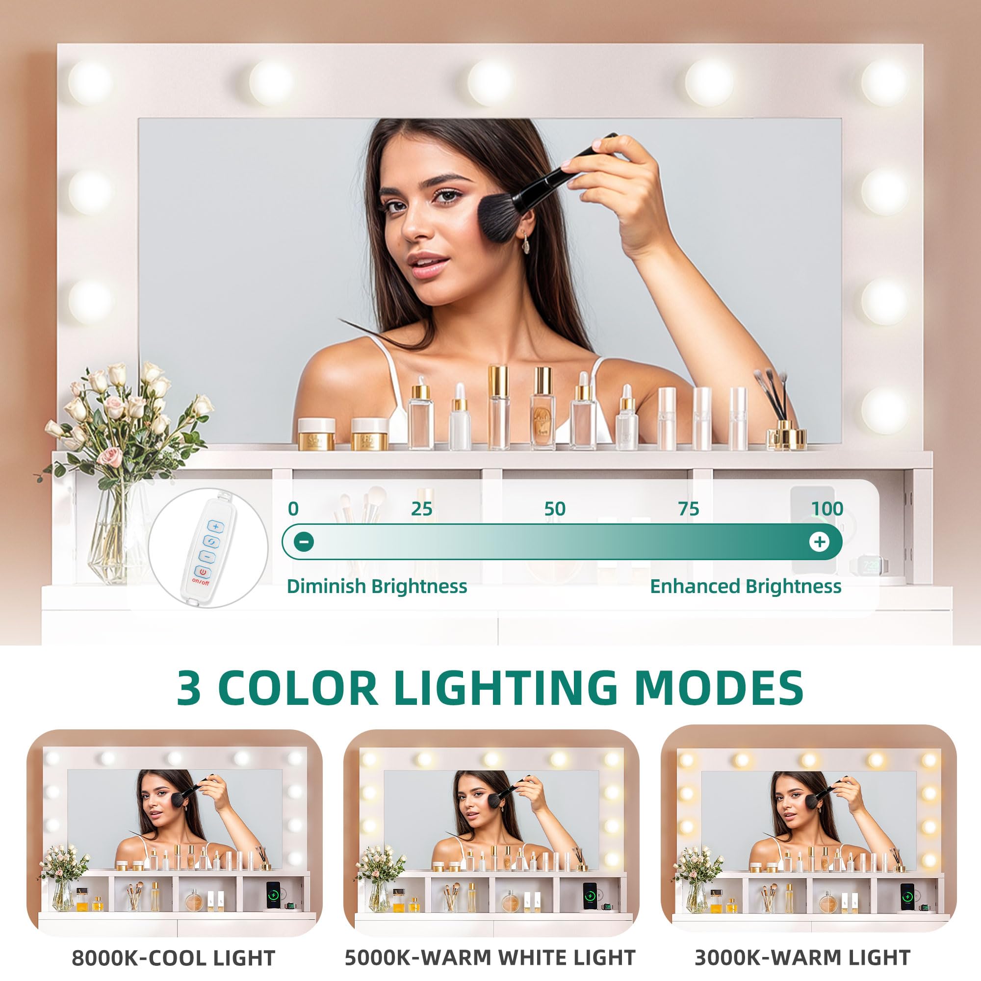 YITAHOME Coiffeuse avec Miroir et Tabouret, avec 2 tiroirs, lumières LED Hollywood, luminosité réglable, Table de Maquillage avec Pieds en métal, pour Chambre à Coucher, Blanc