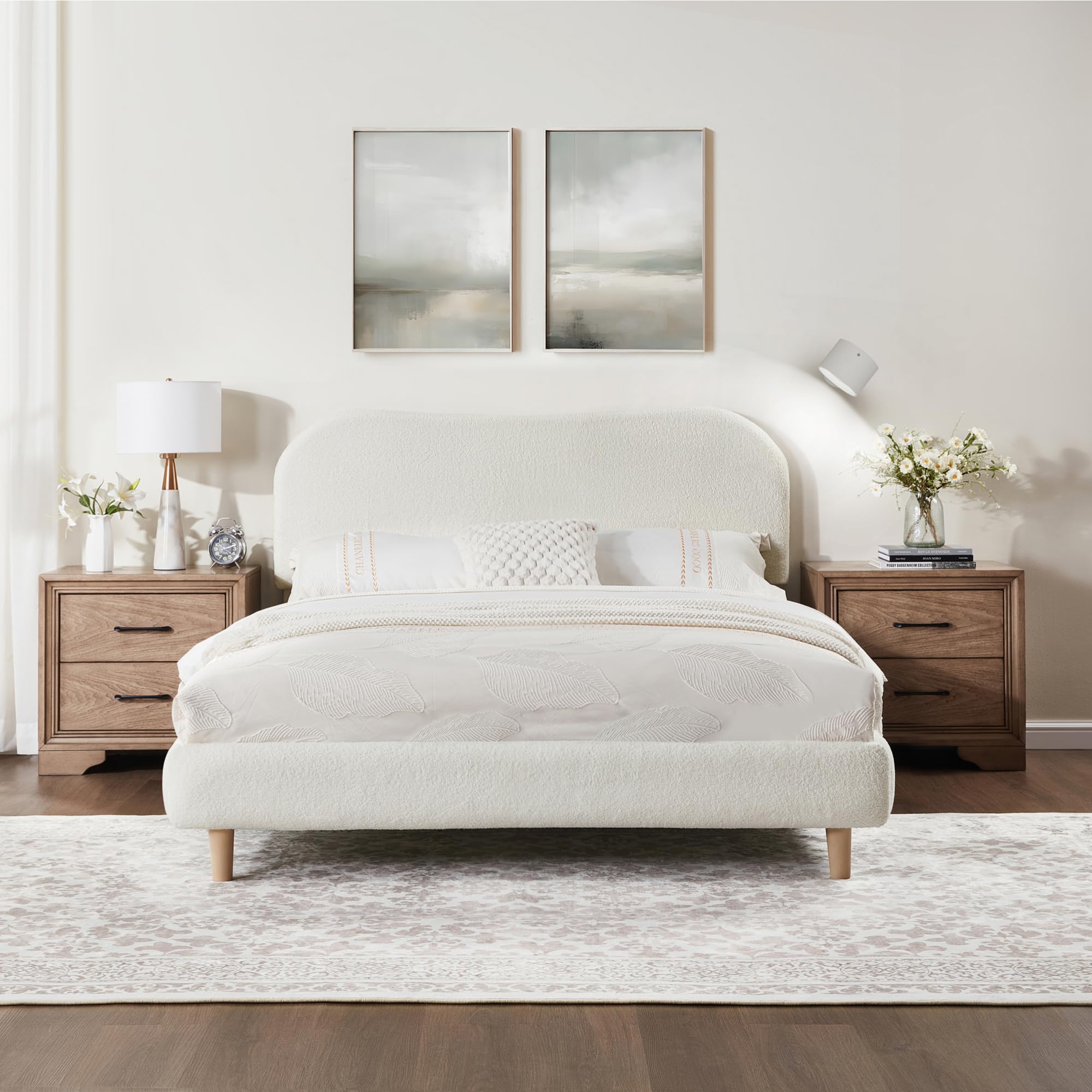 FLEXISPOT Queen Size Boucle Bed Frame, Upholstered Cloud Platform Bed with Adjustable Headboard, Plush Padding, Solid Wood Legs, Bonus LED Wall Light,