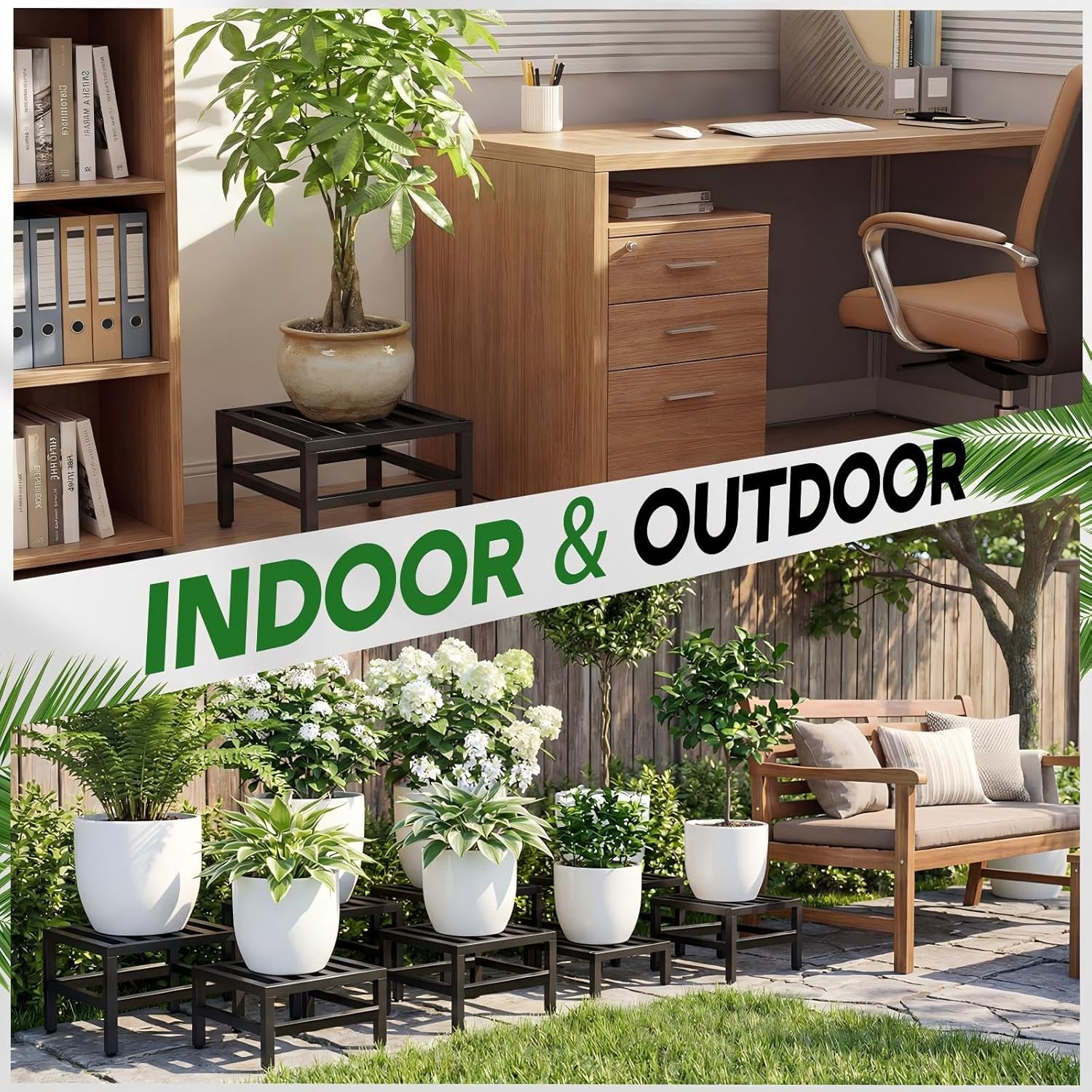 Shimeyao 16 Inch Large Plant Stand Indoor Outdoor, Heavy Duty Metal Square Iron Flower Pot Stand with Adjustable Feet, 200 Lbs Capacity for Patio Garden Living Room Decor