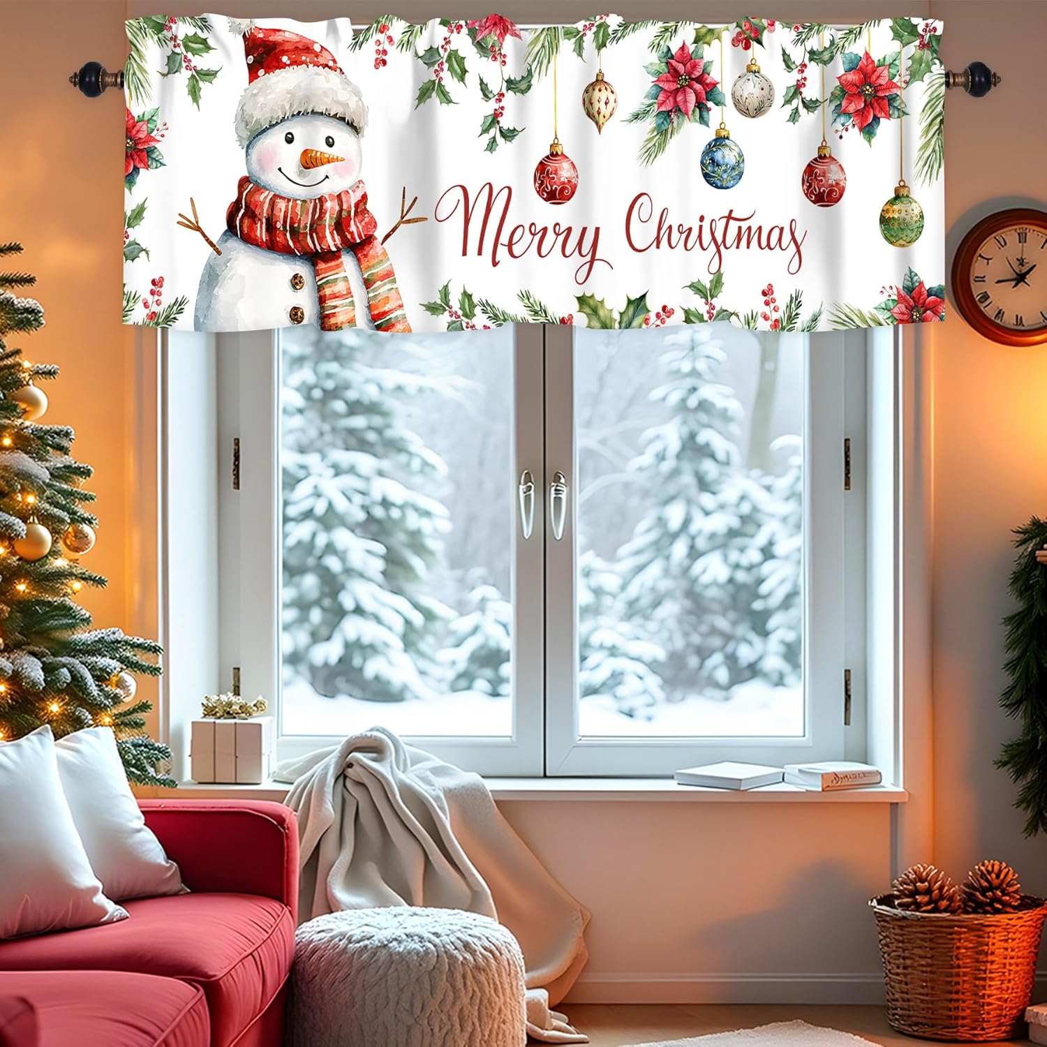 Christmas Snowman Swag Curtain Valance for Windows,Snowflake Pine Tree Ball Xmas Winter Holiday Window Treatments Short Swag Topper for Kitchen Windows Bathroom Bedroom,28 x 36 Inch