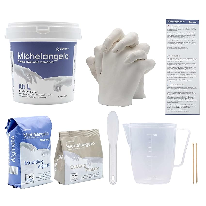 Immagine del prodotto Algaplay Michelangelo Kit per Calco Mani Set completo con alginato, gesso e caraffa graduata per scultura 3D. Idea regalo per coppie, amici e famiglia. Prodotto in Italia. (KIT L 2 MANI)