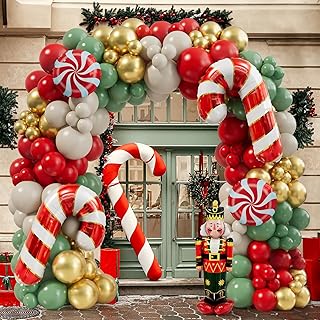 Christmas Balloon Garland Arch Kit 168PCS Red Sage Green Gold White Sand Balloons Candy Balloons Cand Cane Balloons Nutcracker Balloons for Christmas Party Decorations Supplies