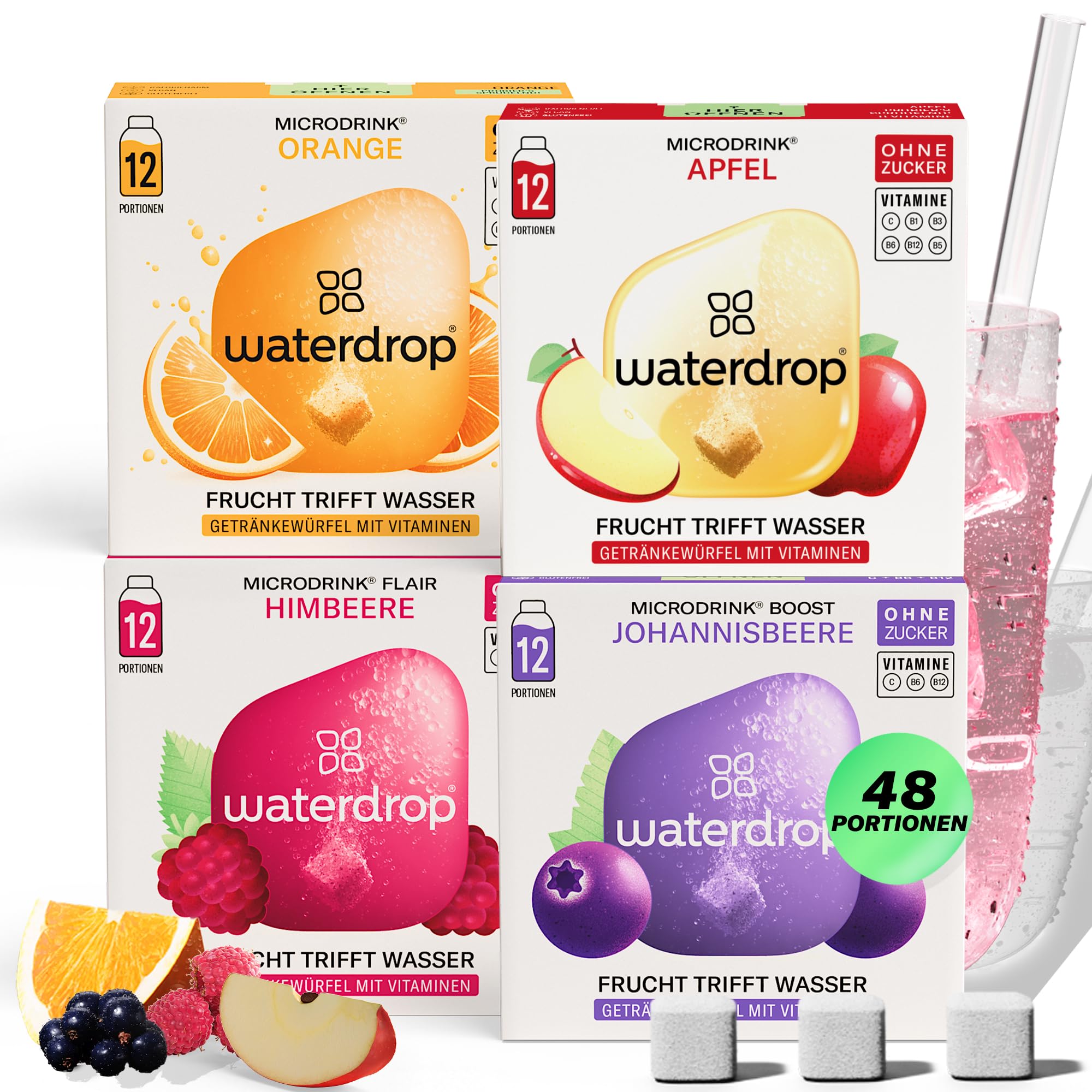 waterdrop® Apfel & Beeren Mix – 48 Waterdrop Würfel in 4 verschiedenen Sorten – Zuckerfreier Durstlöscher & Alternative zu Getränkesirup und Geschmackspulver – Flavour Drops - Microdrink Set