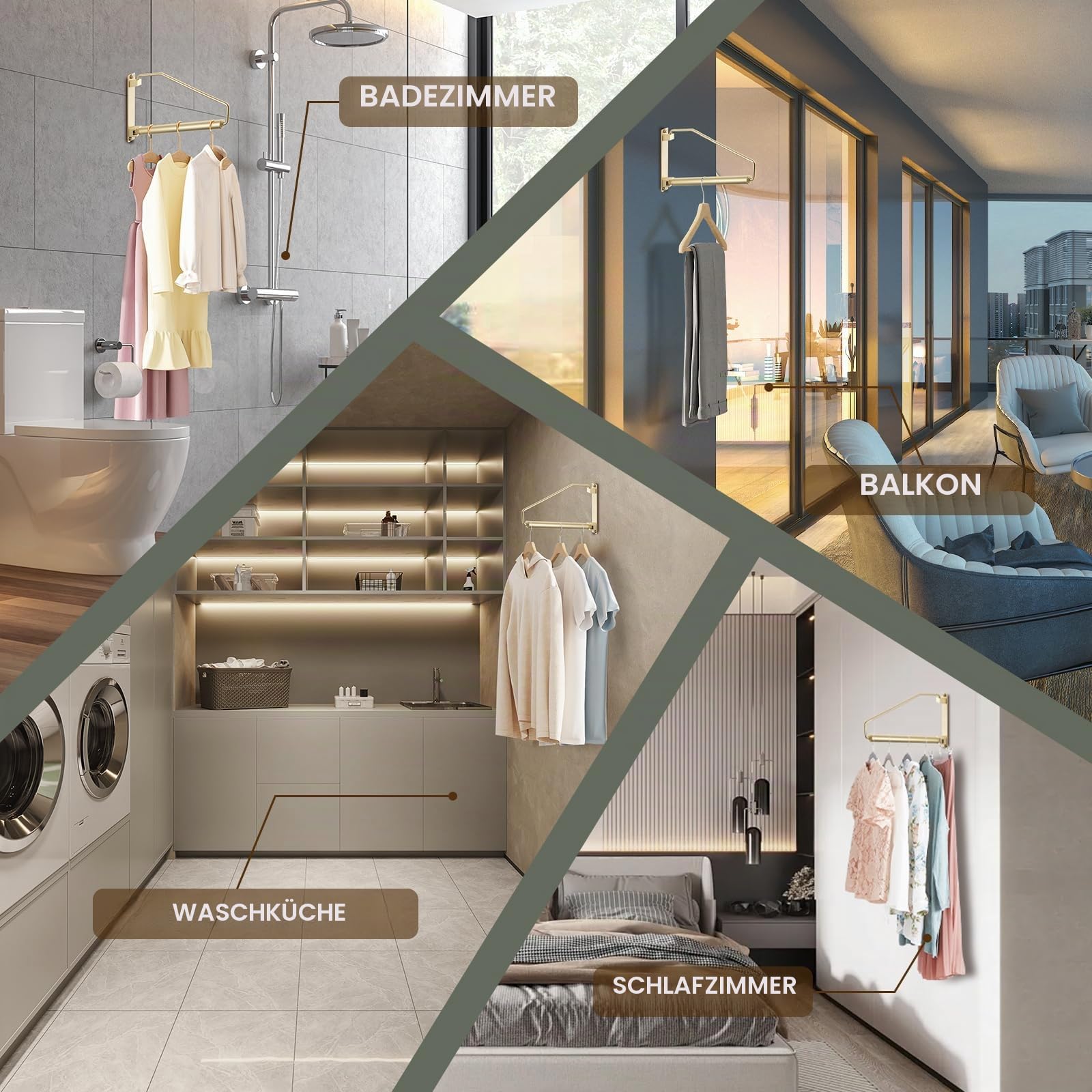 Kleiderhaken Klappbar Gebürstetes Gold,NEWRAIN Wandkleiderhalter, platzsparende Kleiderstange Wandmontage, Kleiderbügel Halterung für Balkon & Schränke