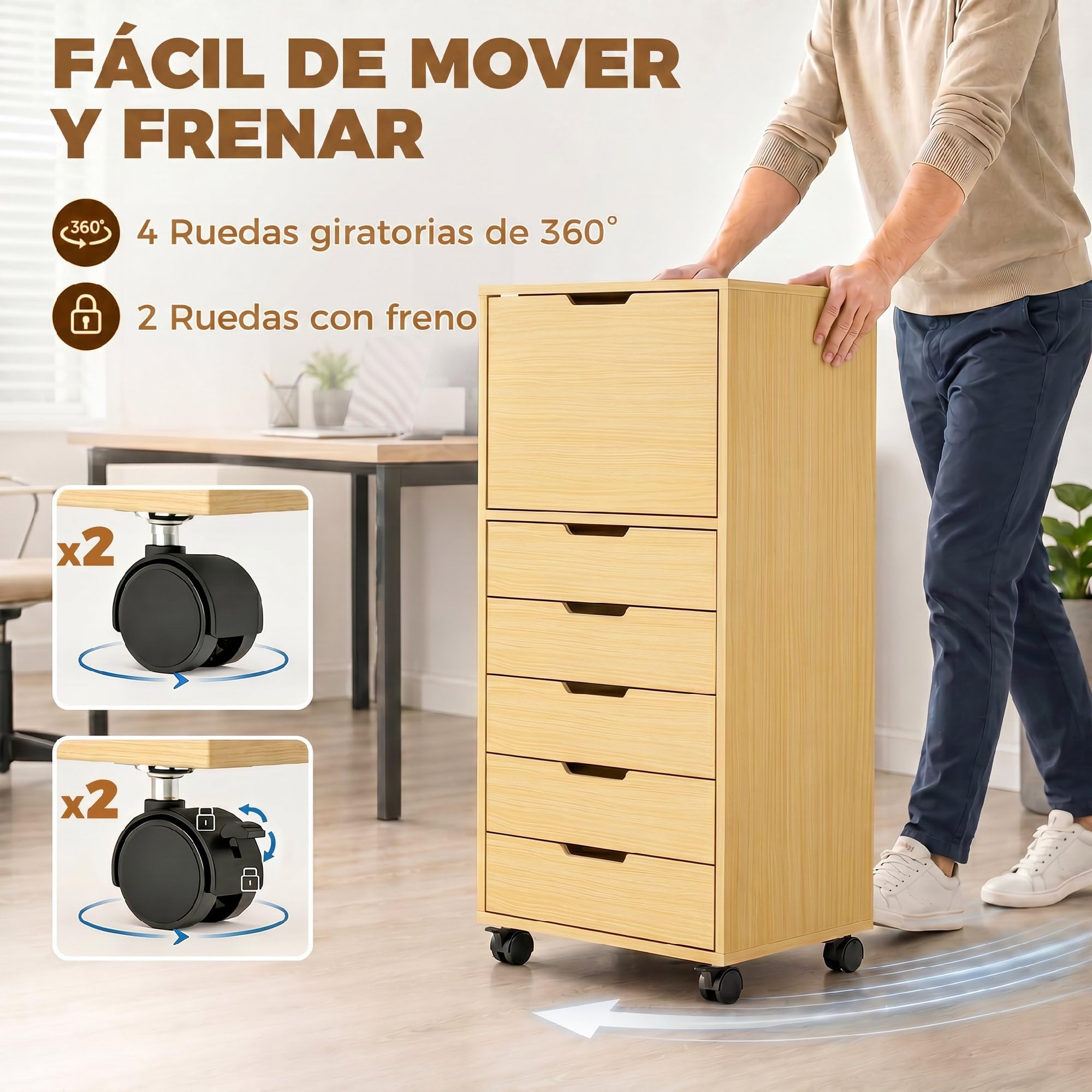 HOMCOM Schreibtisch mit 5 Schubladen auf Rollen und Schrank Natur | Büro-Schubladeneinheit, Soft-Close, Druckerständer, Aktenschrank, für Home-Office