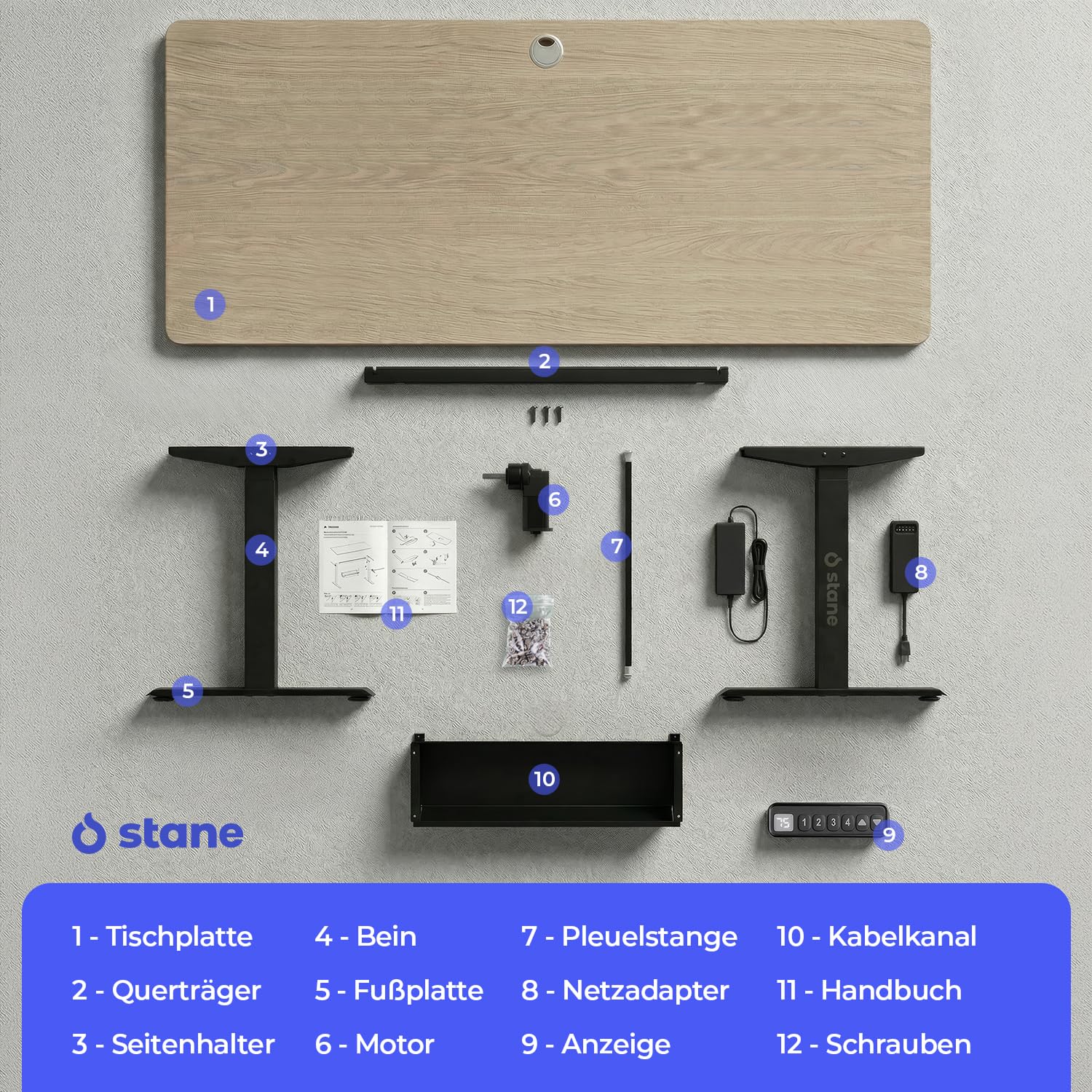 Stane Höhenverstellbarer Schreibtisch 160x80 – Elektrischer Bürotisch als Stehpult [4 Positionen] – Computertisch ideal für Homeoffice und Büro [Kabelkanal] – Eiche Schwarzes
