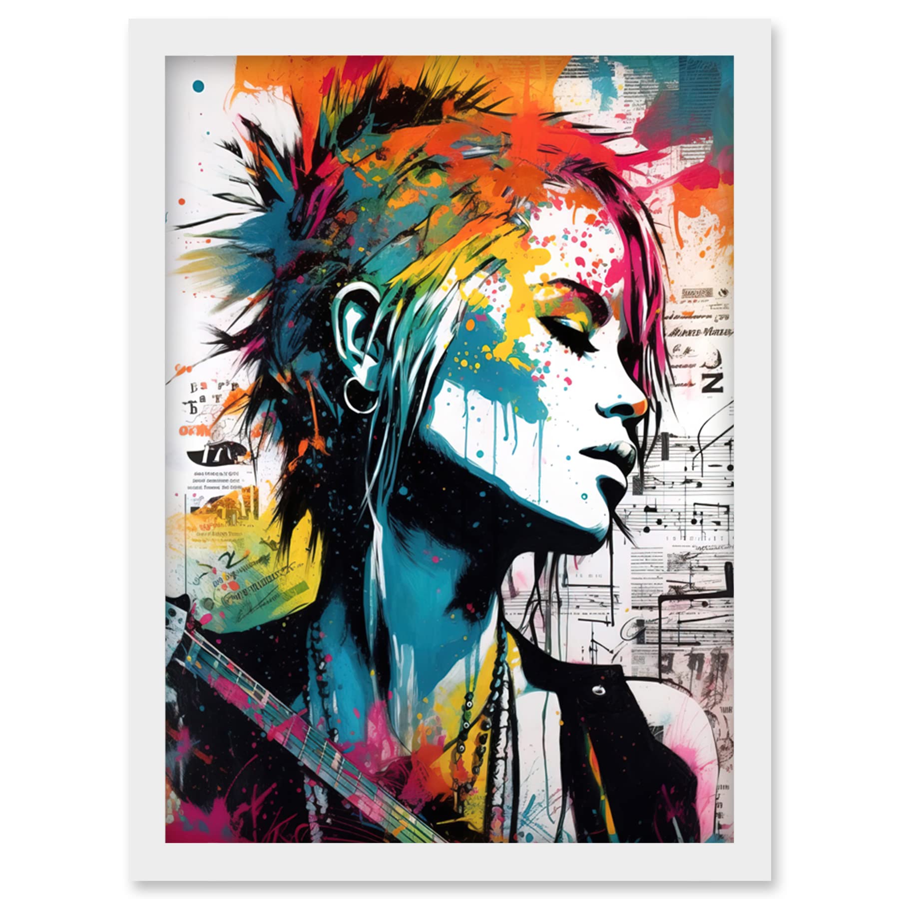 Artery8 Emo Woman Electric Guitar Sheet Music Upcycle Art Splatter Paint Modern Painting Artwork Framed Wall Art Print A4