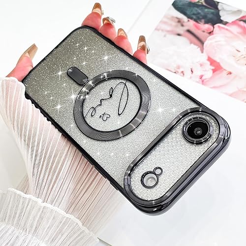 Vista 523 de Fiyart - Funda transparente magnética con purpurina para iPhone 12 para mujeres, con grabado "Love" metálico, protección para cámara y antigolpes