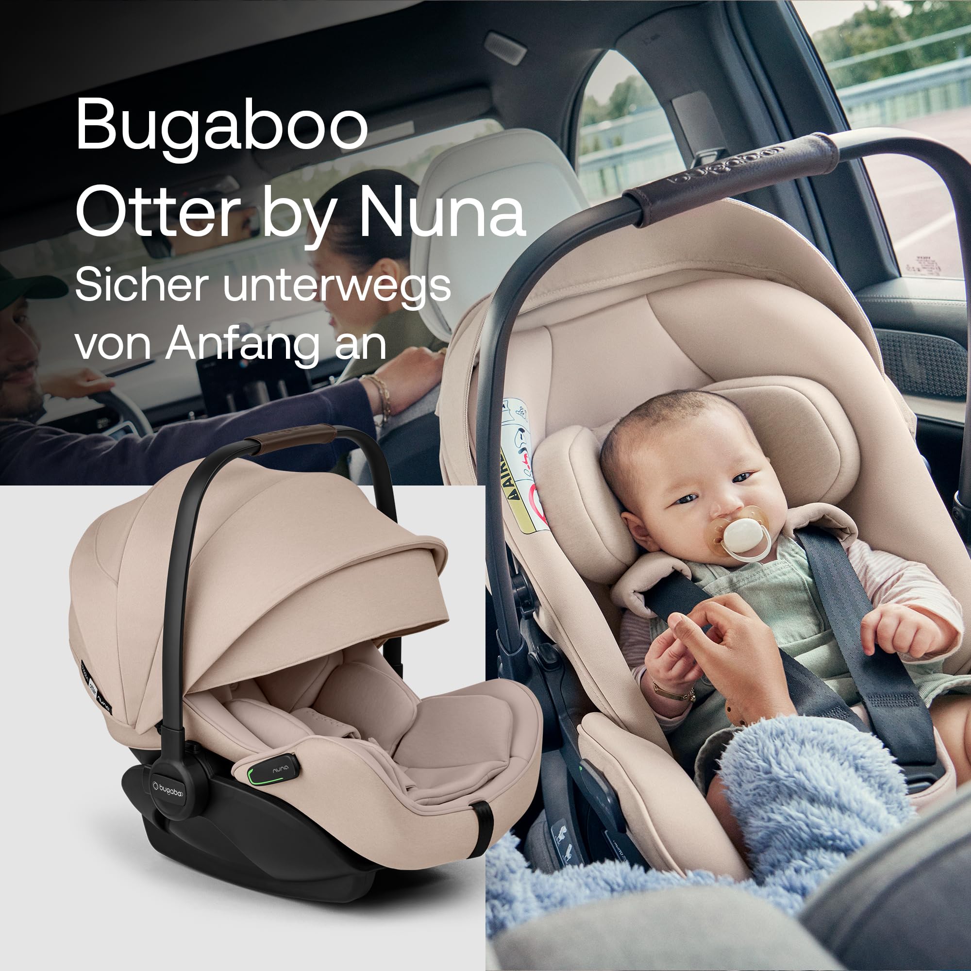 Bugaboo Otter by Nuna, i-Size Babyschale ab Geburt, flache Liegeposition | UPF 50+ Sonnenverdeck und Memory-Schaum, kompatibel mit 360 Grad Isofix-Basis, von 0–15 Monaten, Desert Taupe Melange