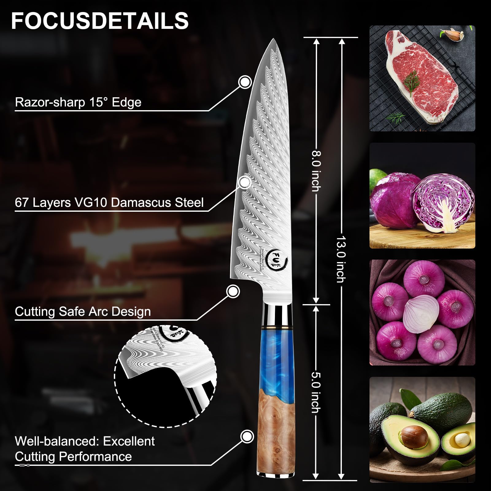 Damascus Chef Knife 8 Inch, Japanese Kitchen Knife with VG10 Steel — Amazon image 4