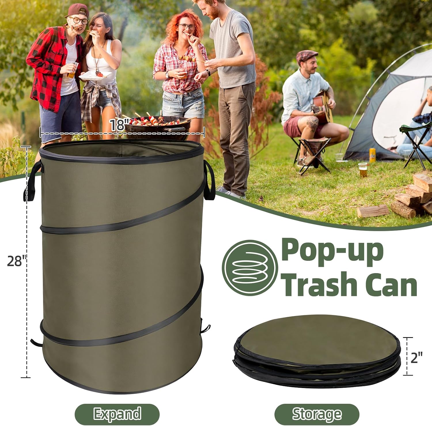 Collapsible Trash Can Camping, 30-Gallon Pop Up Outdoor Garbage Can for Collecting Weeds, Leaf, Party and Yard Waste, Green