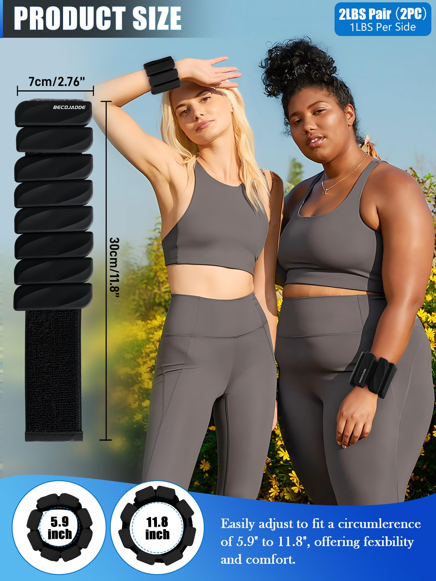 BECOJADDE Ankle Weights for Women Men Set of 2 (0.45 Kg Each) Adjustable Wrist Weights Bracelet for Home Gym Weighted Wristbands Leg Arm Weights for Walking Swimming Running Pilates Yoga Black - Image 3