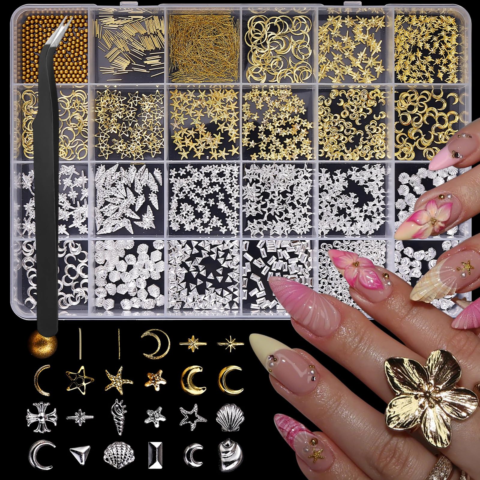 1 Box Gold Silver Nail Charms 3D Alloy Flower Nail Gems Metal Moon Star Nail Jewels Ocean Beach Starfish Seashell Gold Beads Nail Art Supplies with Tweezer for Women DIY Acrylic Nail 24 Grids