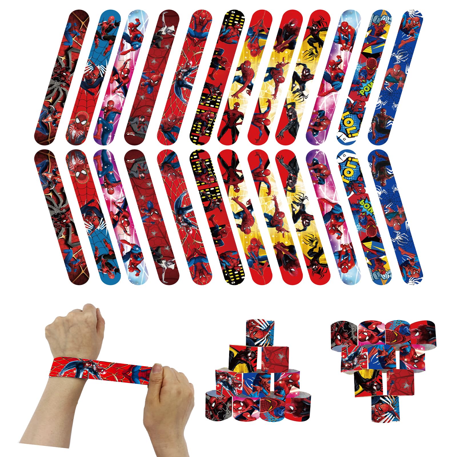 POPOYU 24Pcs Spider Man Party Bags Fillers Kids Slap Bands,Spider Man Slap Bands Slap Bracelets Wristband Party Favours for Girls Boys Spider Party Bag Fillers Birthday Classroom Gifts