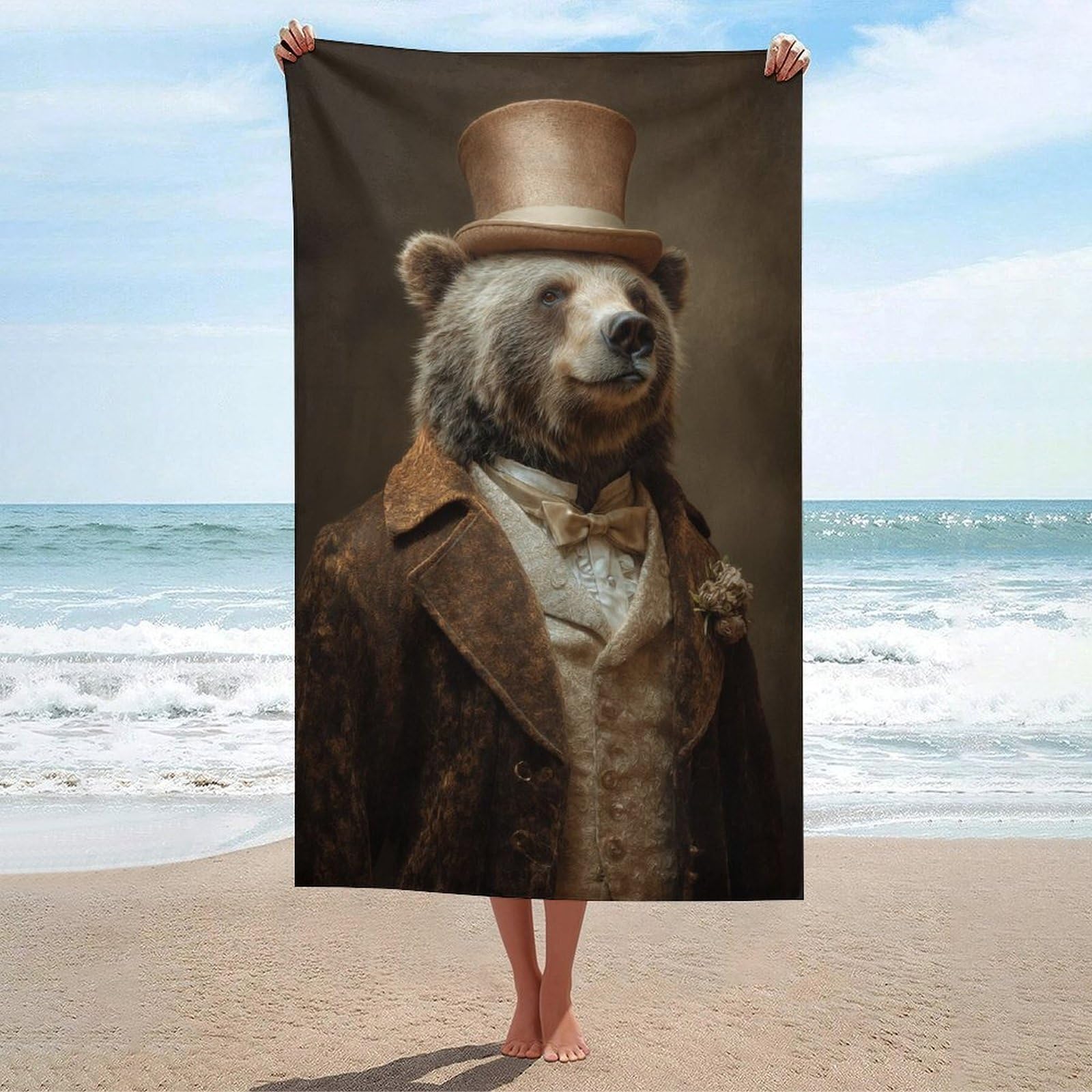asbwuo Bear Wearing A Tailcoat and Top Hat Beach Towel